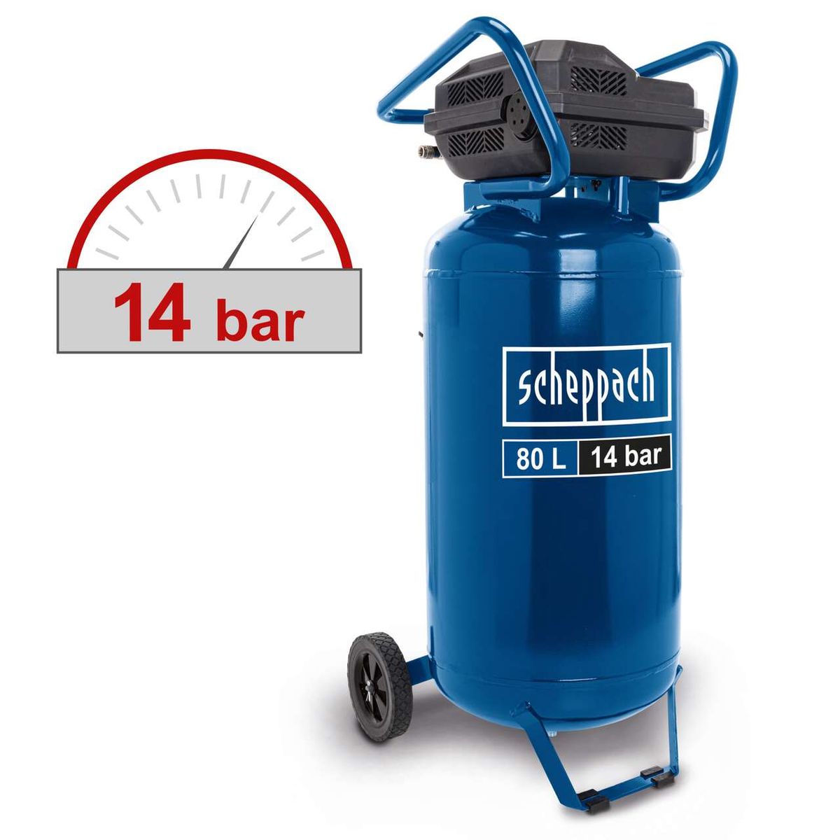Standkompressor von Scheppach mit 14 bar Druck und 80-Liter-Tank, inkl. zweier Manometer und Kupplungen
