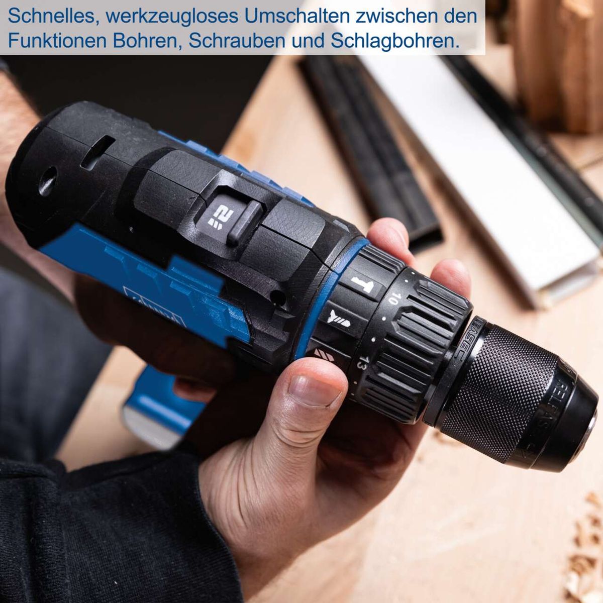 Die Akku-Schlagbohrmaschine C-CD45-X von Scheppach ermöglicht schnelles, werkzeugloses Umschalten zwischen den Funktionen Bohren, Schrauben und Schlagbohren. Sie verfügt über ein Drehmoment von 45Nm und 19+1 Drehmomentstufen.