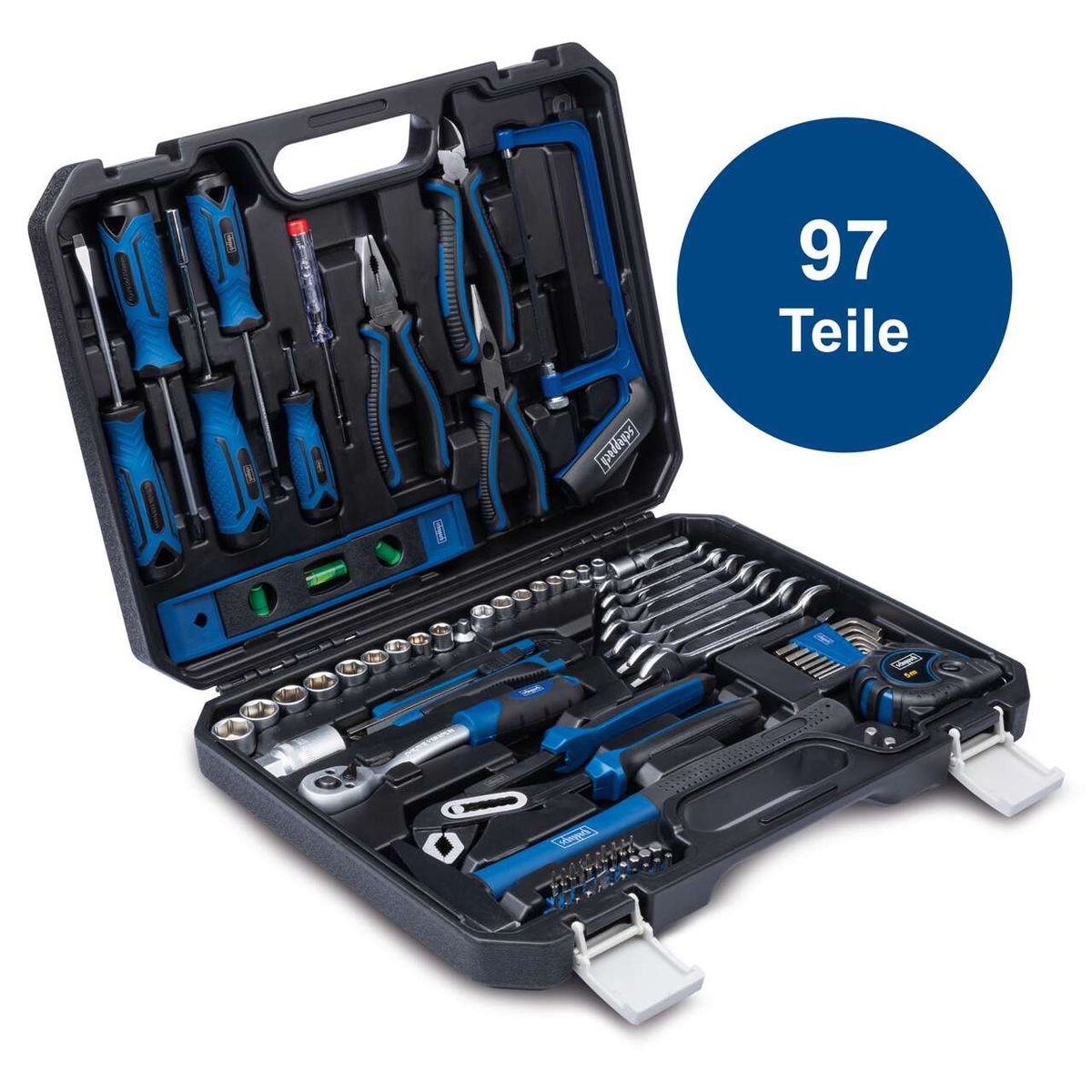 Der Werkzeugkoffer WZK120 von Scheppach enthält 97 Teile, darunter Schraubendreher, Zangen, Nüsse und einen Akkuschrauber. Ideal für Heimwerkerprojekte.
