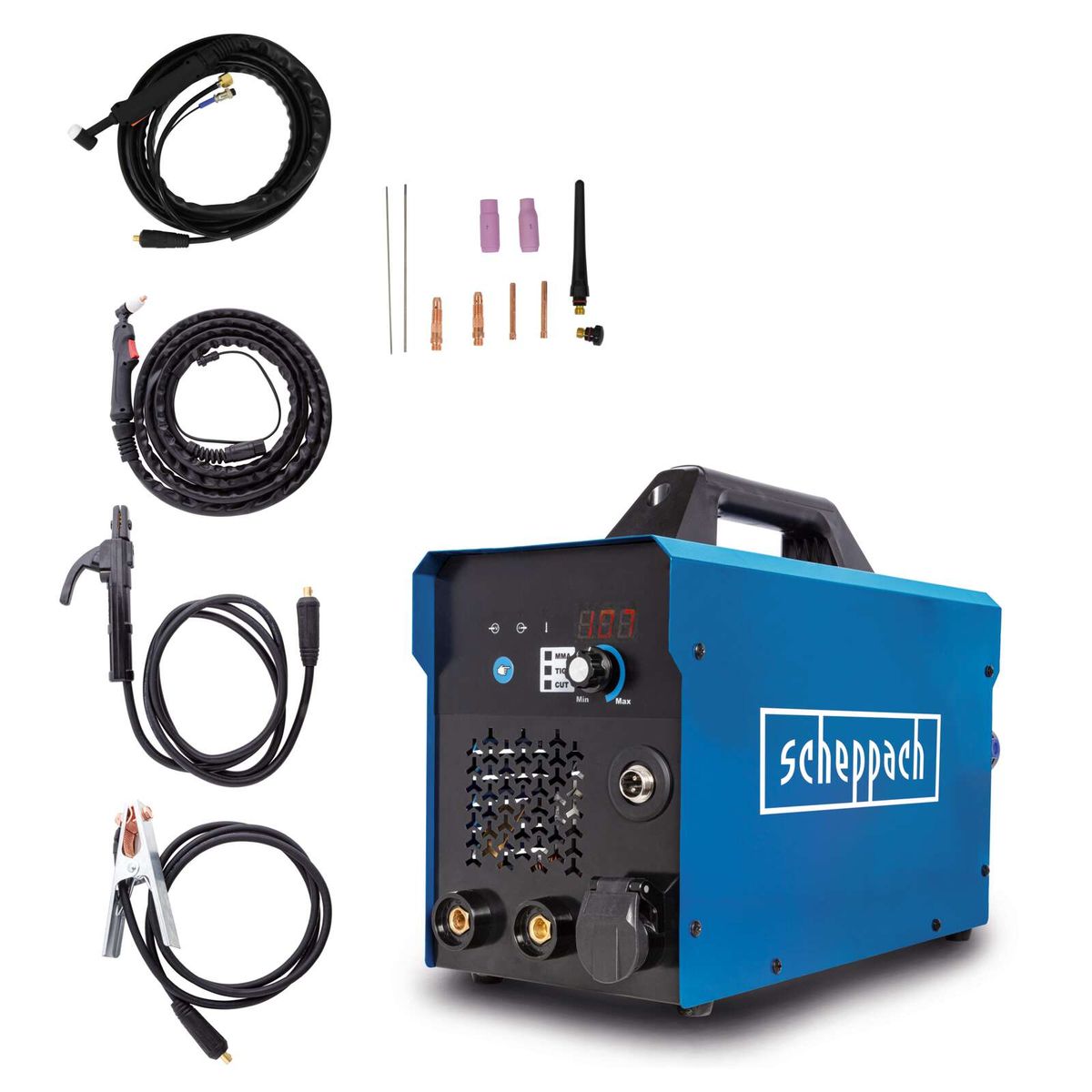 Das 3in1 Kombi-Schweißgerät WSE4000-CUT von Scheppach bietet MMA-, TIG- und CUT-Funktionen sowie einen Plasmaschneider für bis zu 12 mm. Es verfügt über digitale Steuerung und einen großen Amperage-Bereich von 20-160A.