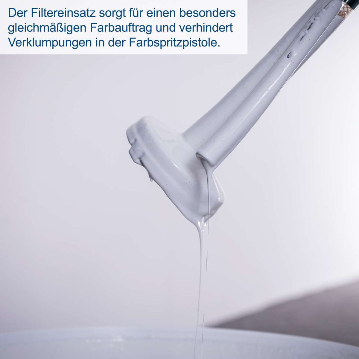Der Filtereinsatz sorgt für einen besonders gleichmäßigen Farbauftrag und verhindert Verklumpungen in der Farbspritzpistole.