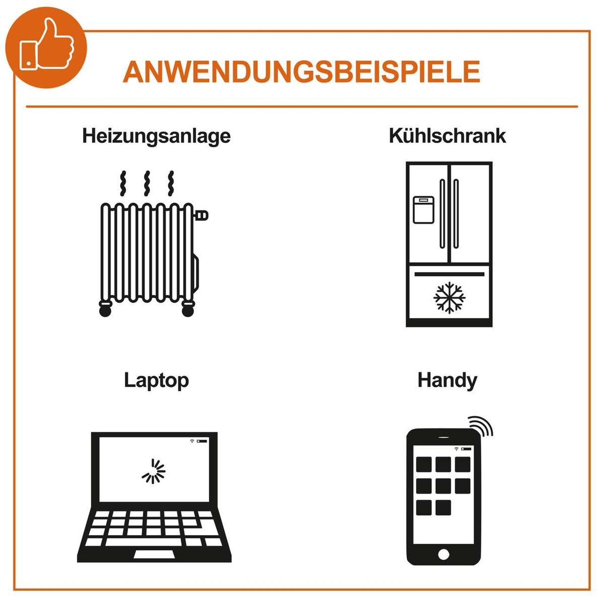 Das Bild zeigt Anwendungsbeispiele für den Inverter Stromerzeuger IX-IVG-3500 IXES. Geeignet für Heizungsanlage, Kühlschrank, Laptop und Handy.