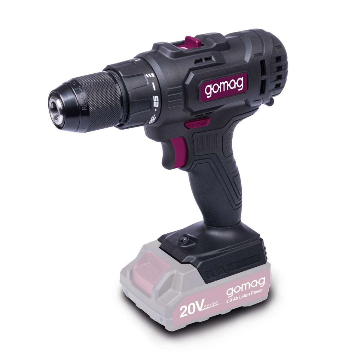 Akku-Bohrschrauber GO-BS45 gomag, Ansicht von der Seite, 20V Serie, 2.0 Ah Li-Ion Akku.