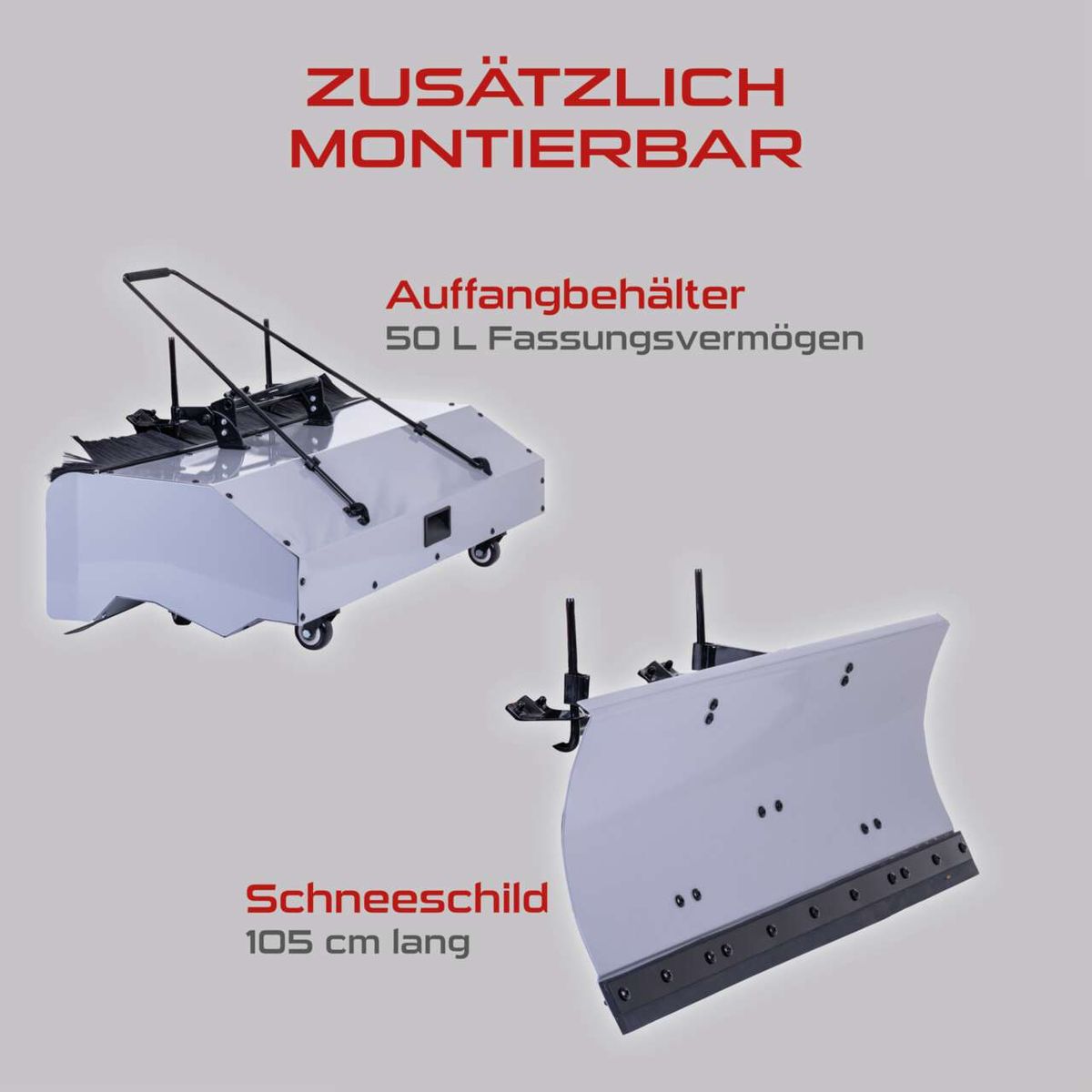 Die Kehrmaschine PX-KM-100 Practixx ist zusätzlich montierbar. Sie verfügt über einen Auffangbehälter mit 50 Liter Fassungsvermögen und einen Schneeschild mit einer Länge von 105 cm.