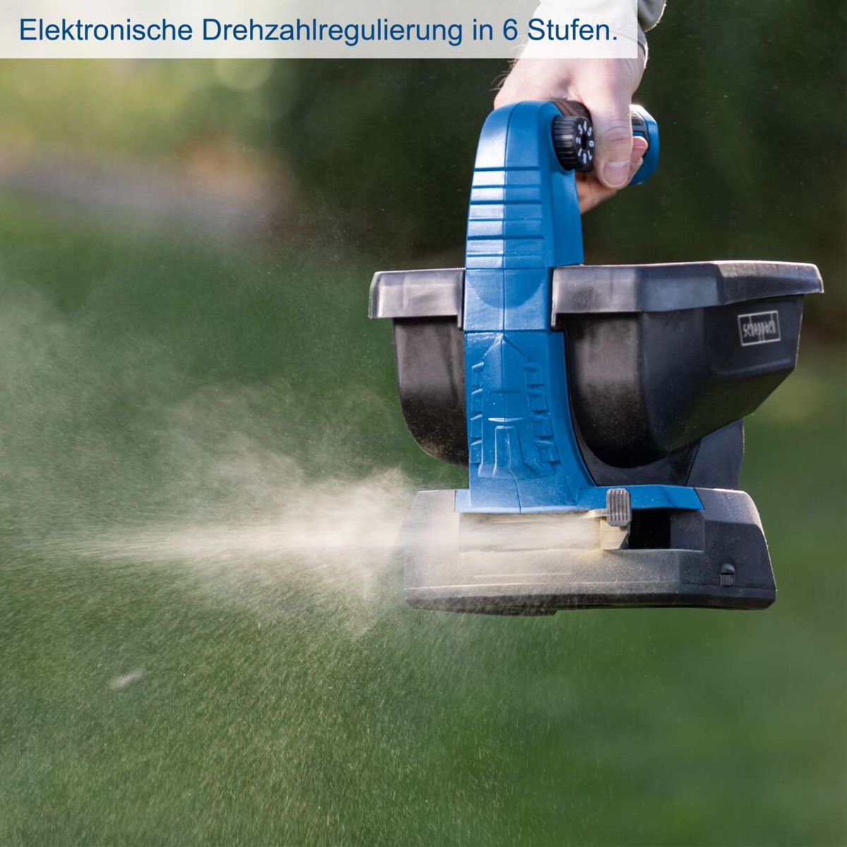 Der Akku-Handstreuer C-GSP800-X von Scheppach bietet eine elektronische Drehzahlregulierung in 6 Stufen für präzise Anwendung.