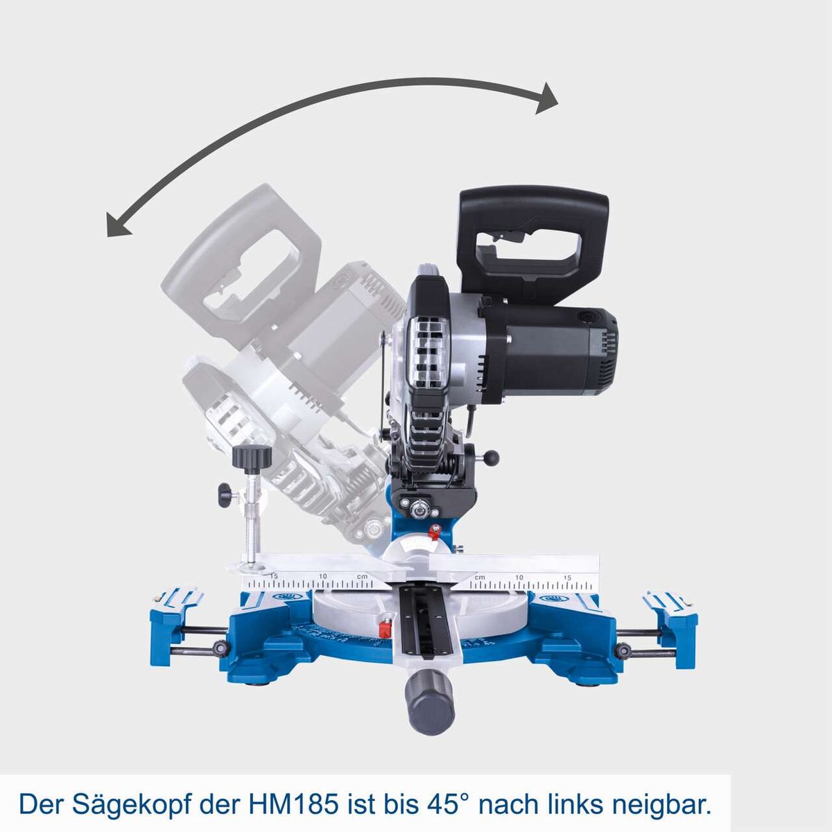 Der Sägekopf der Kapp-, Zug- und Gehrungssäge HM185 ist bis zu 45° nach links neigbar.