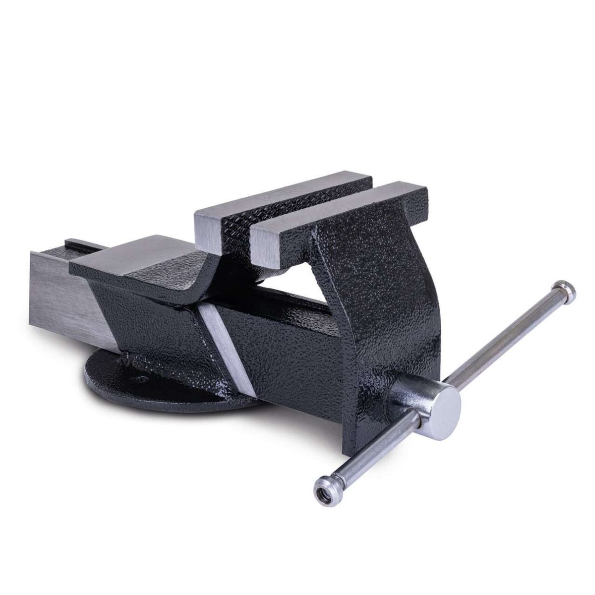 Schraubstock ASV125 von Scheppach mit verchromten Gewindestangen und integriertem Rundmaterialhalter. Gezeigt von der Seite.