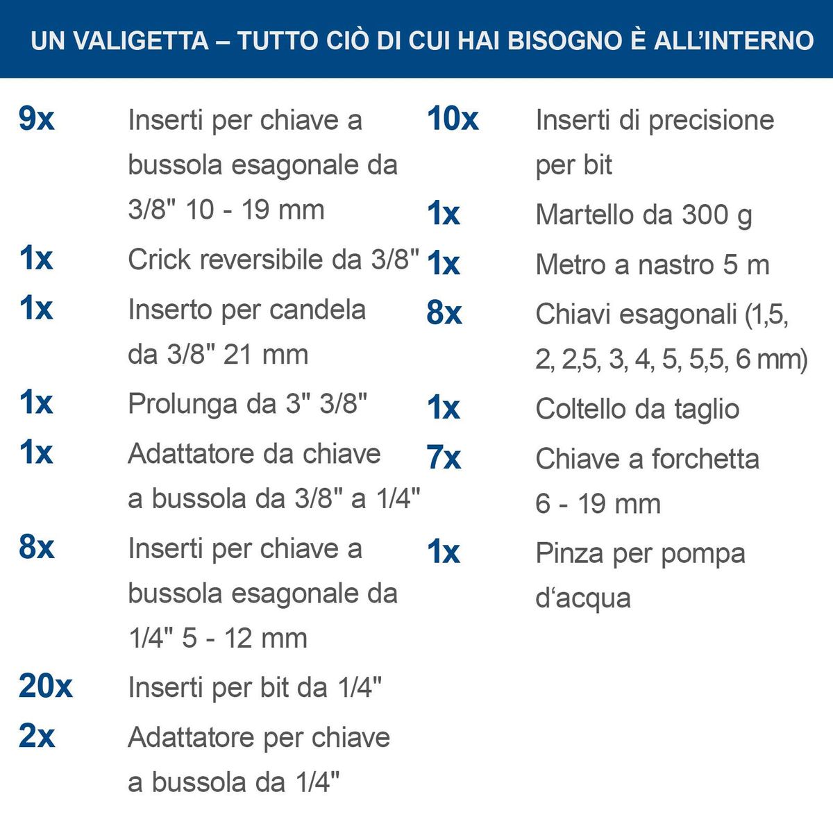 Werkzeugkoffer-Inhalt: 9x hexagonale Einsätze, 10x Präzisionseinsätze, 8x verschiedene Schraubenschlüsselgrößen, 20x Einsätze für Bit, 2x Adapter für hexagonale Schraubenschlüssel, 9x Einsätze für 3/8" und 8x für 1/4" sowie weitere Werkzeuge und Adapter.