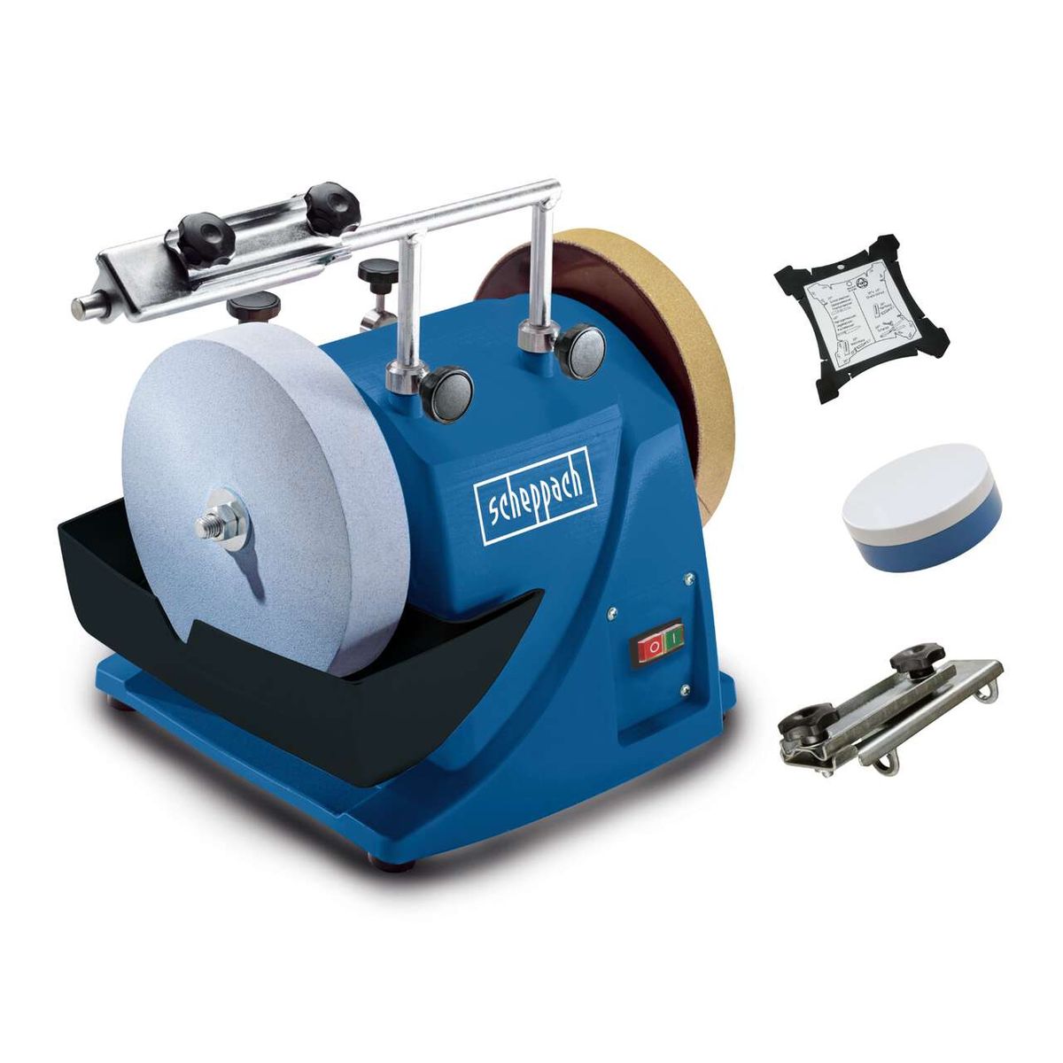 The Scheppach TIGER 2000S wet grinding system features an alumina grinding wheel and 120W power. It provides precise grinding with water as a coolant.