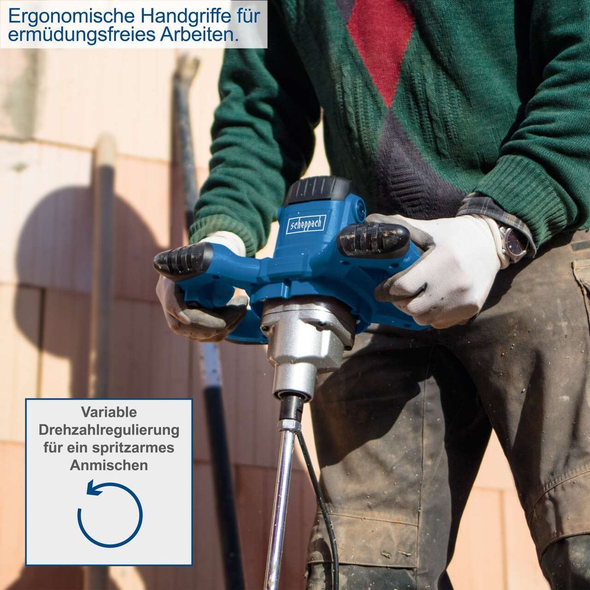 Ergonomischer Handgriff für ermüdungsfreies Arbeiten mit Scheppach-Paddle-Mixer; variable Drehzahlregulierung für präzises Mischen.