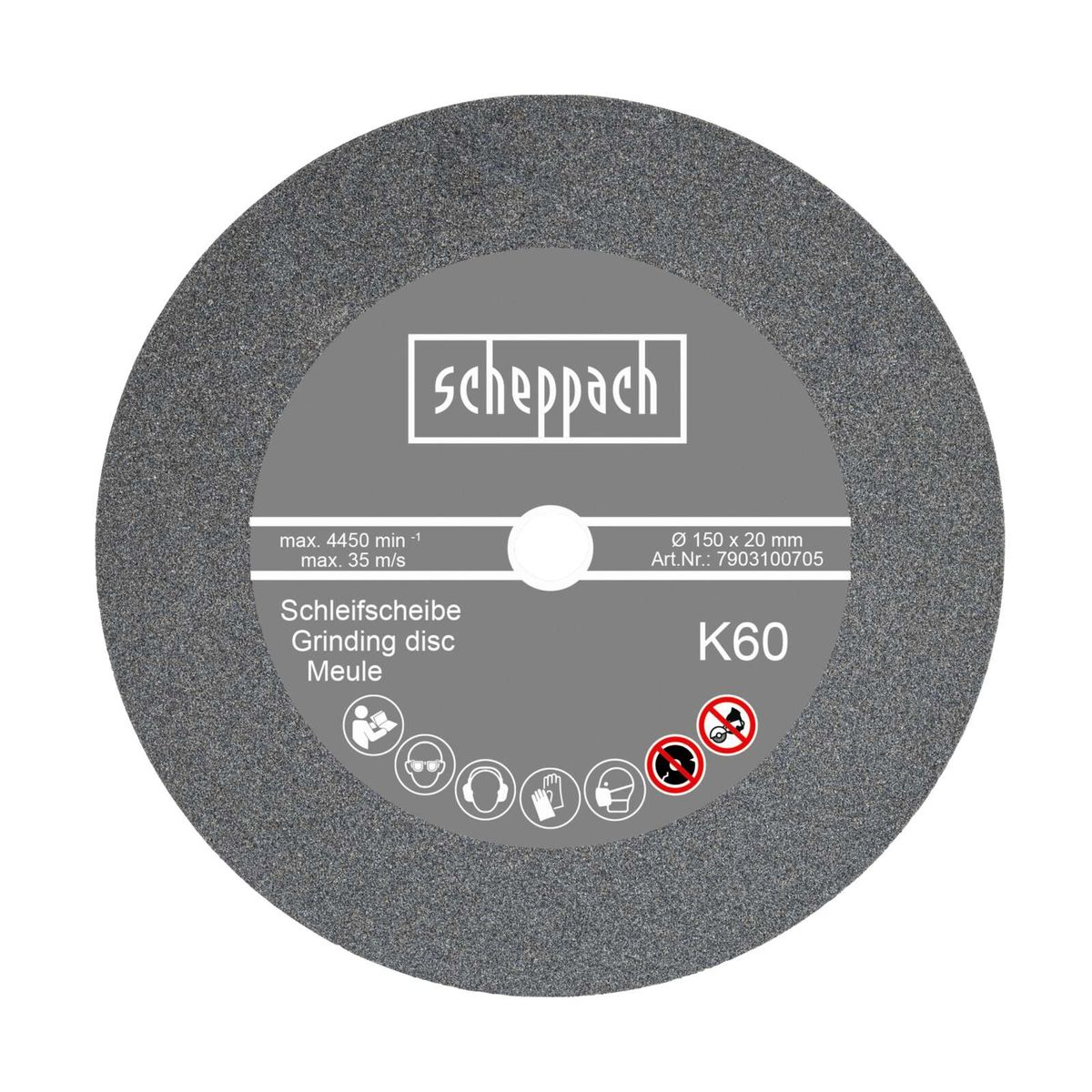 Scheppach Schleifscheibe K60 mit technischen Daten: 150 x 20 mm, max. 4450/min und 35 m/s