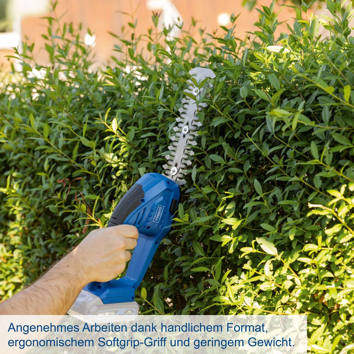 Ergonomisches Akku-Gras- und Strauchschere-Modell mit Softgrip-Griff und leichtem Gewicht für angenehmes Arbeiten.