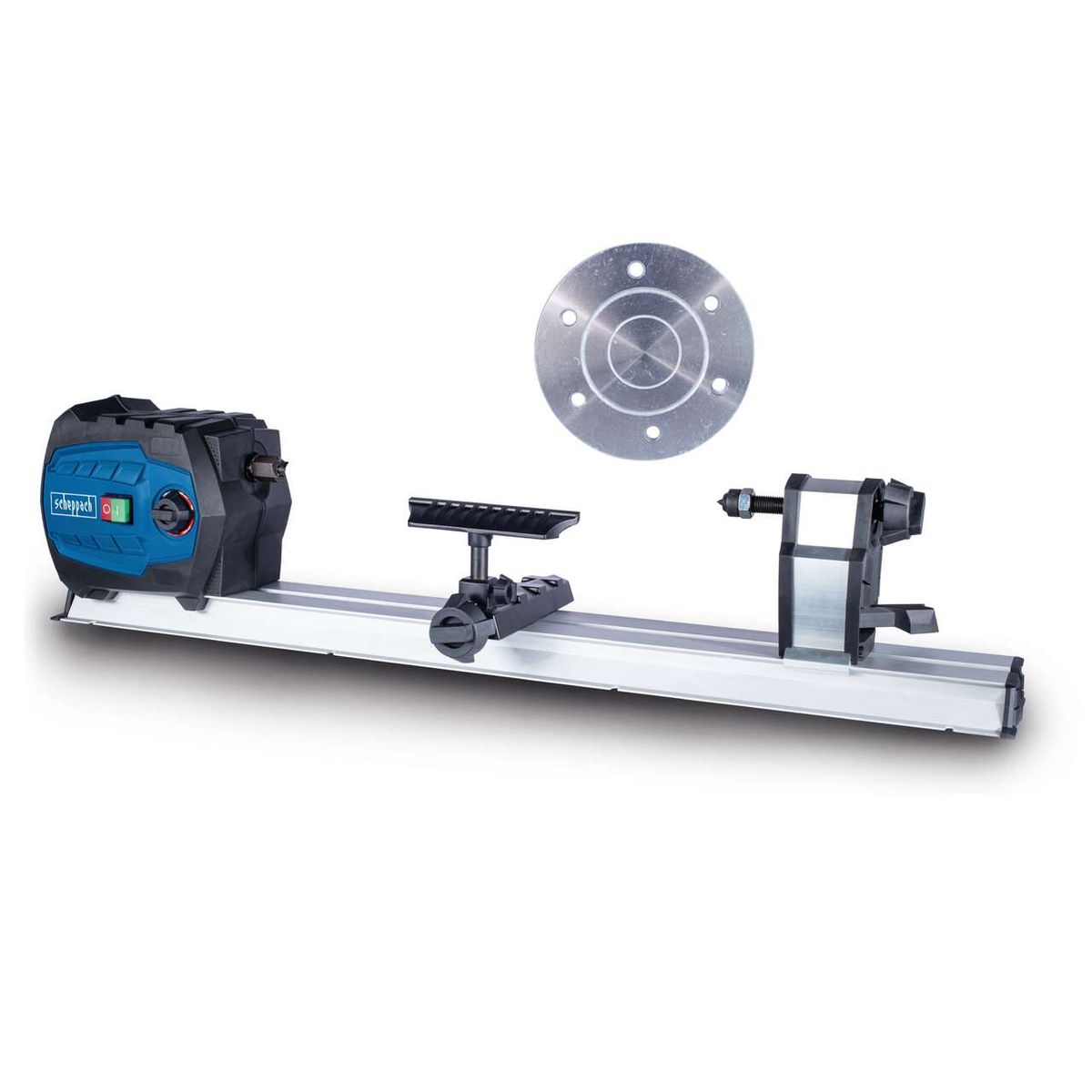 Drechselmaschine DM600VARIO mit 4-Zack-Körnerspitze und Planscheibe. Werkstücke bis 600mm Länge. Inkl. Planscheibe und 4-Zack-Körnerspitze.