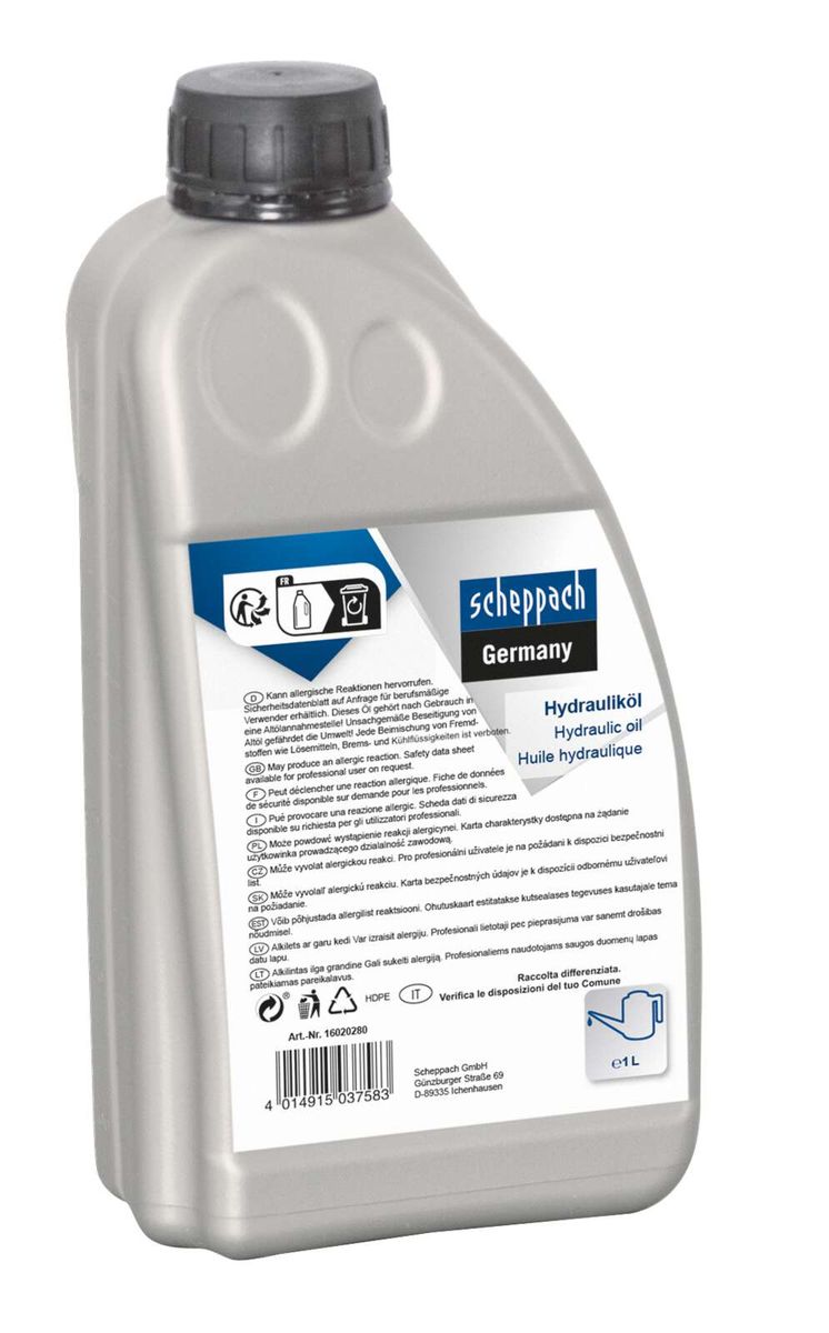 1-Liter-Dose von Hydrauliköl (Scheppach) mit Sicherheitshinweisen