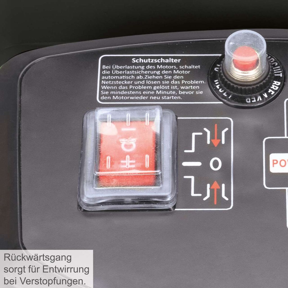 Der Schutzschalter schaltet den Motor bei Überlastung automatisch ab. Ziehen Sie den Netzstecker und lösen Sie das Problem. Warten Sie mindestens eine Minute, bevor Sie den Motor neu starten. Der Rückwärtsgang sorgt für Entwirrung bei Verstopfungen.