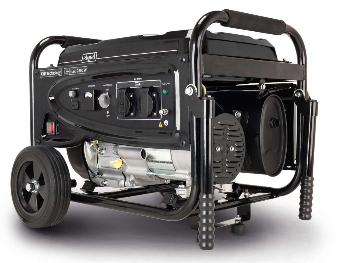 Stromgenerator BGT2800 von Scheppach, 6,5 PS, 15L Benzintank, max. 2800 W Leistung. Gezeigt von der Seite.