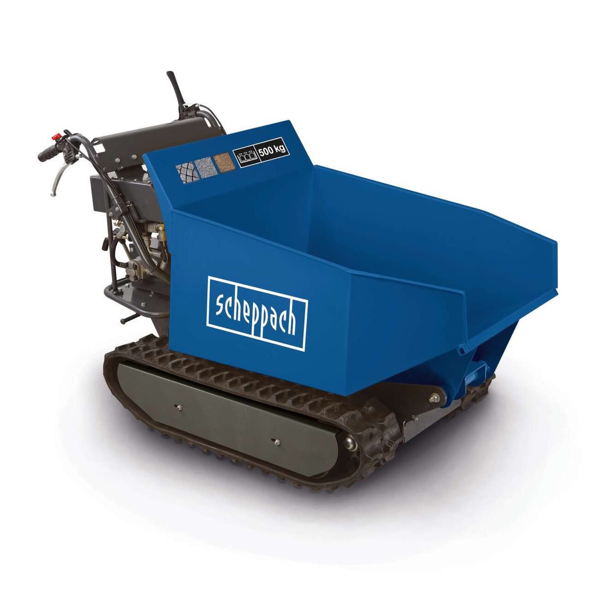 Kettendumper DP5000 Scheppach mit 5,6 PS, Traglast 500 kg, Kettenantrieb, Hydraulik-Kippbehälter. Geeignet für verschiedene Untergründe wie Beton, Asphalt und Schotter.