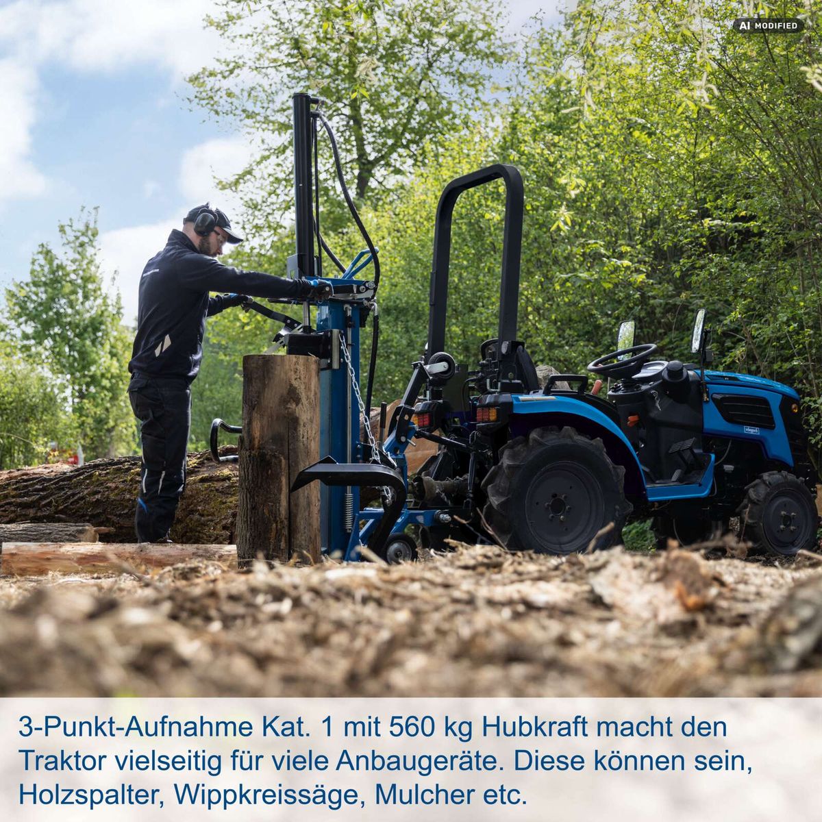 3-Punkt-Aufnahme-System mit 560 kg Hubkraft für vielseitige Anbaugeräte wie Holzspalter und Wippkreissägen