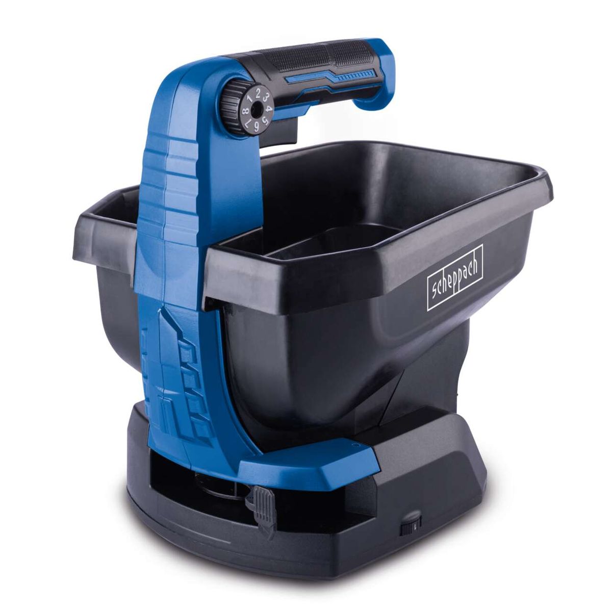 Der Akku-Handstreuer C-GSP800-X von Scheppach hat eine Streubreite von 5 Metern, ein Fassungsvermögen von 3,5 Litern und eine Flächenleistung von 800 Quadratmetern. Der Streuer ist mit einem Einstellrad für die Dosierung ausgestattet.