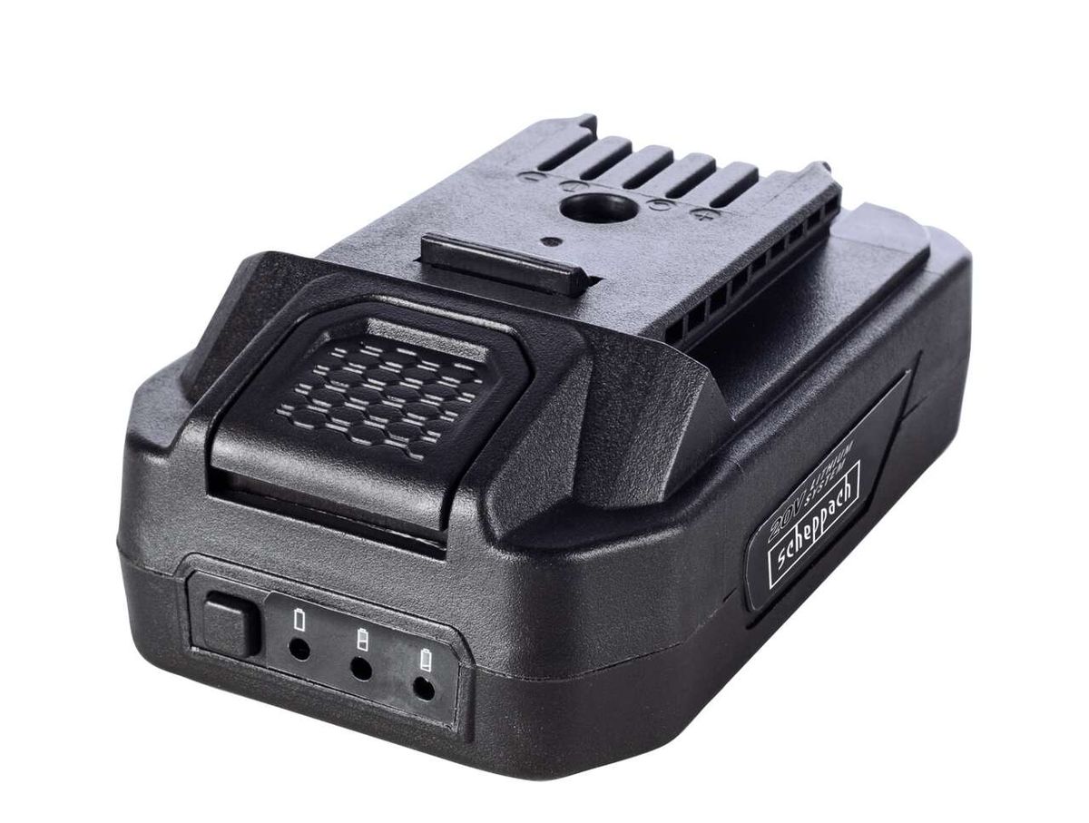 Scheppach Akku BP2.0A-Li20V (DIY) von der Seite gezeigt. Der Akku hat eine schwarze Oberfläche mit Lüftungsgitter und zwei LED-Anzeigen.
