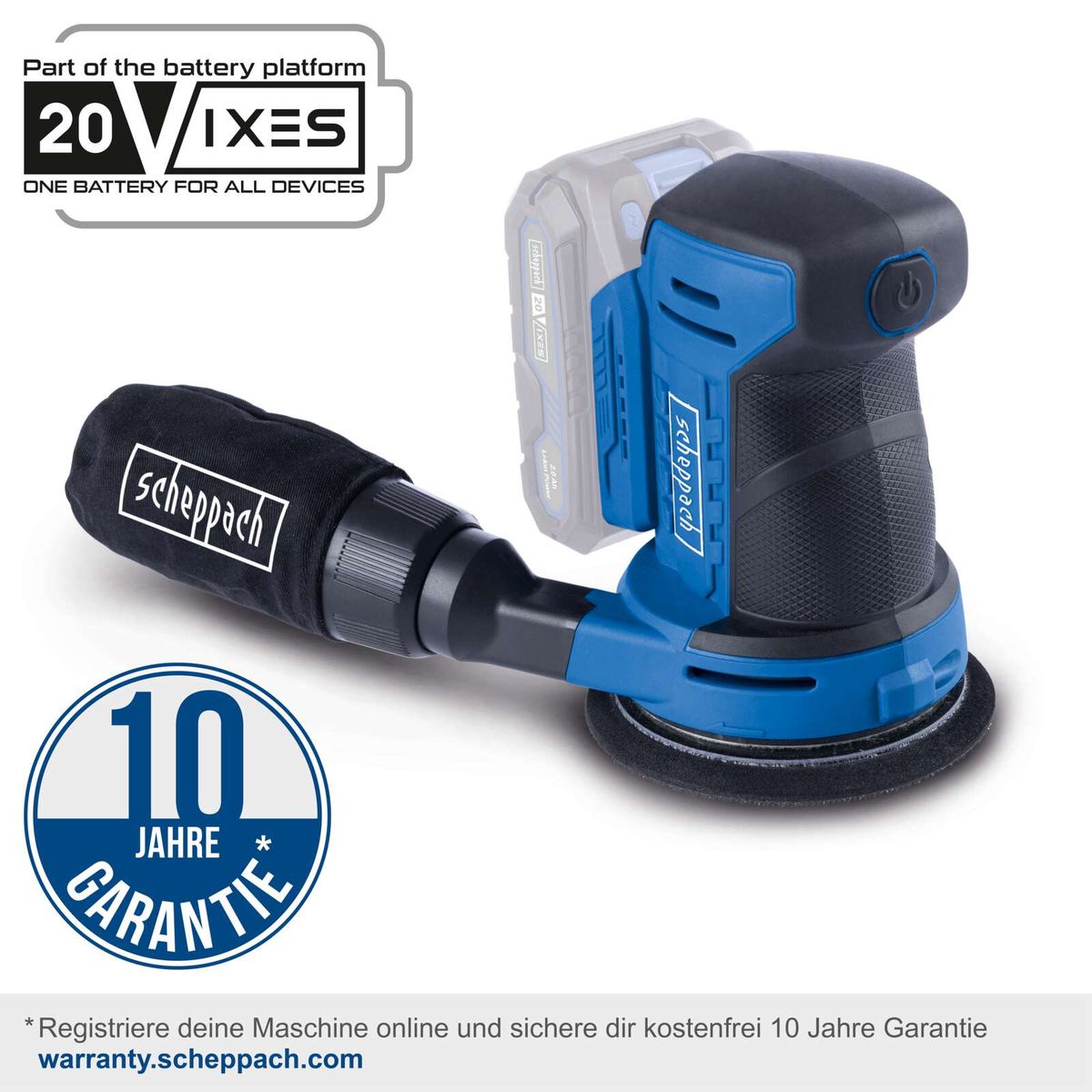 Der Akku-Exzenterschleifer C-OBS125-X von Scheppach bietet 10 Jahre Garantie bei Online-Registrierung. Teil des 20V IXES Akkusystems für alle Geräte. Garantie unter warranty.scheppach.com.