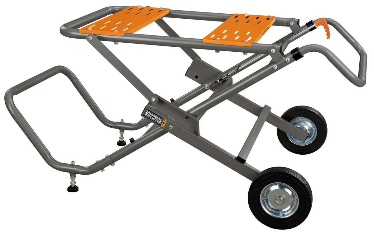 Maschinenuntergestell UG2000PRO Toolson von Scheppach, seitliche Ansicht mit orangefarbenen Plattformen und zwei Rädern.