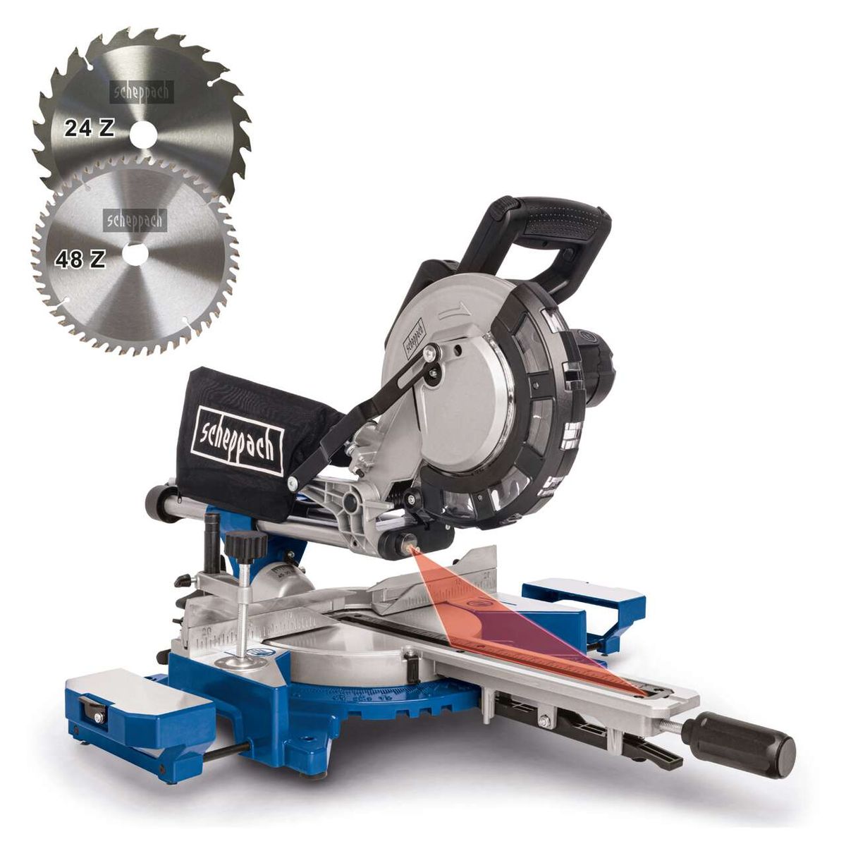 Scheppach HM216 mitre saw with 2 saw blades (24 Z and 48 Z) and machine stand UMF1550. The saw blades are labeled Scheppach.