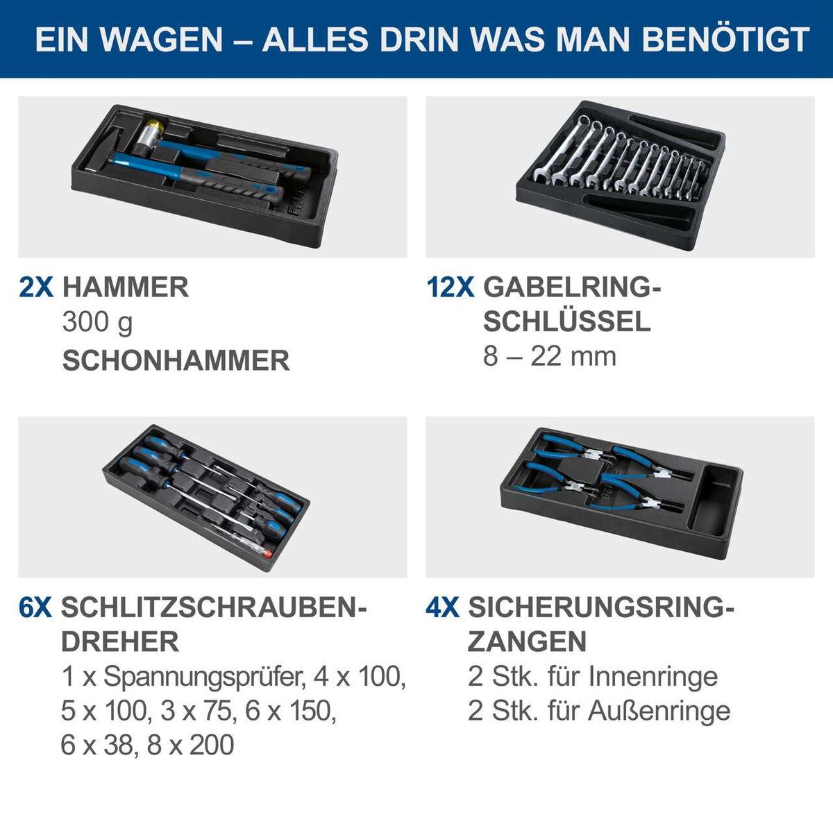Der Werkstattwagen TW1000 von Scheppach enthält 2 Schonhammer (300 g), 12 Gabelring-Schlüssel (8-22 mm), 6 Schlitzschraubendreher (verschiedene Größen) und 4 Sicherungsring-Zangen (2 für Innenringe, 2 für Außenringe).
