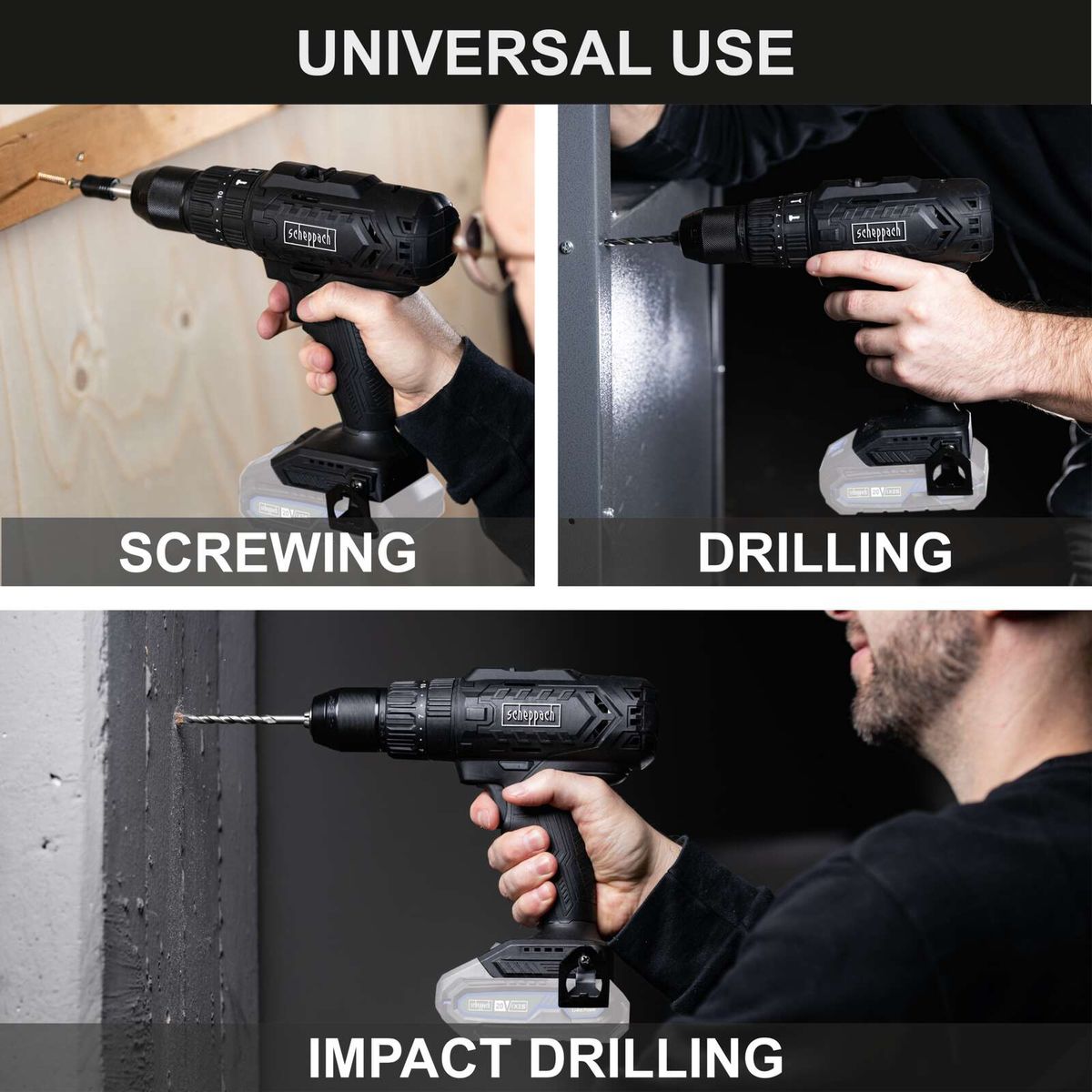 The Scheppach cordless impact drill C-SBS45BE-X offers universal use for screwing, drilling, and impact drilling. It features a torque of 45 Nm and 19+1 torque settings.