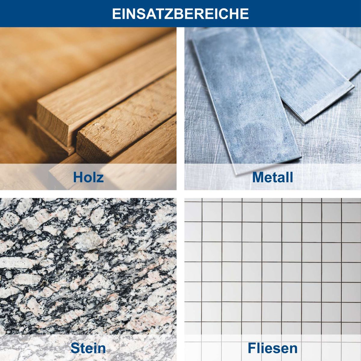 Materialgruppen für Einsatzbereiche: Holz, Metall, Stein und Fliesen