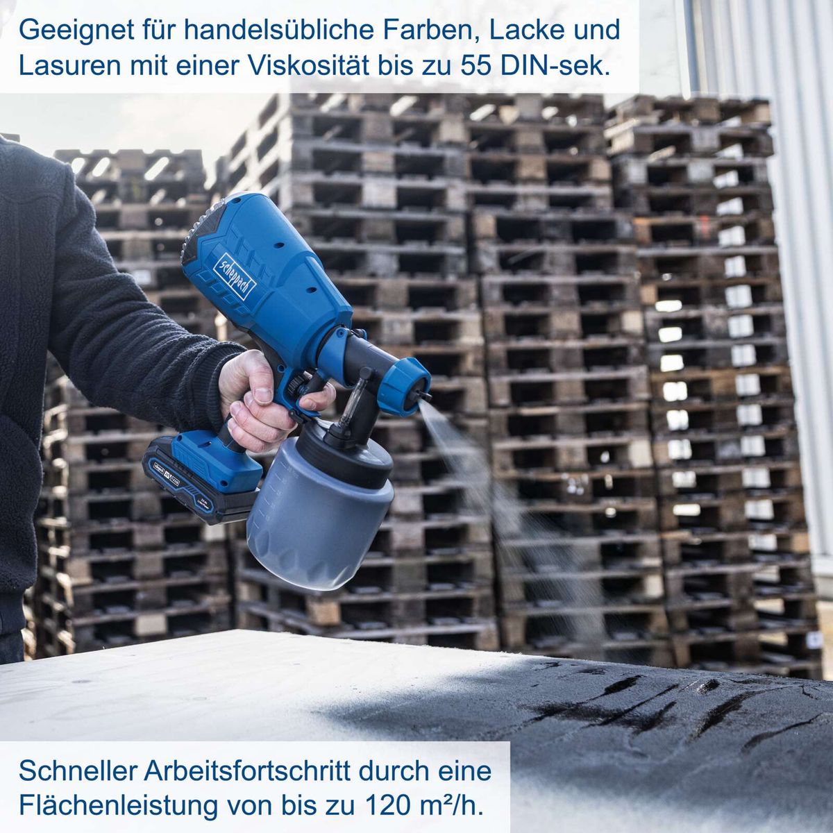 Akku-Farbsprühsystem mit hoher Flächenleistung für effizientes Arbeiten, bis zu 120 m²/h