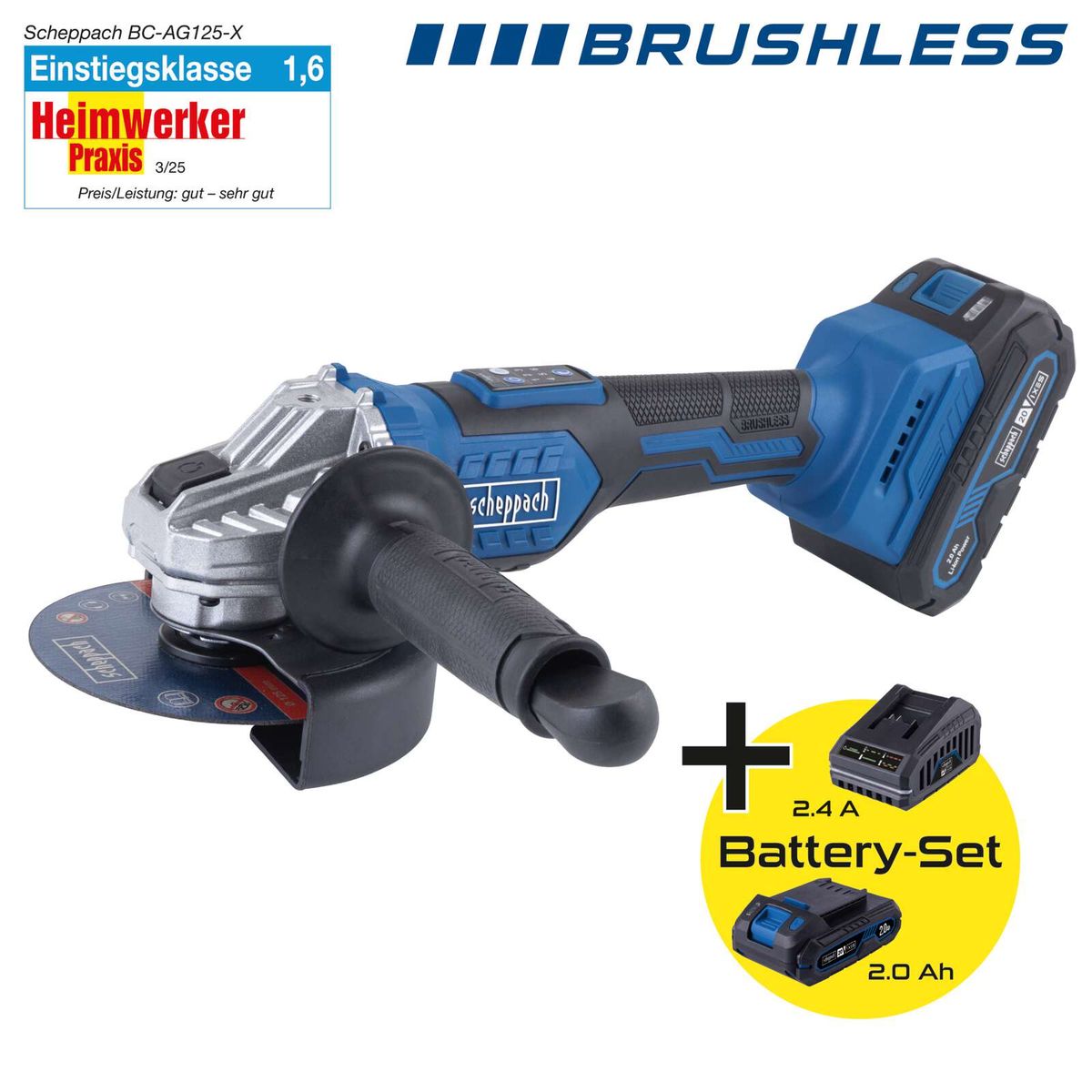 Scheppach Akku-Winkelschleifer BC-AG125-X mit Brushless-Technologie, inkl. Akku-Set (2,0 Ah) und Ladegerät (2,4 A)