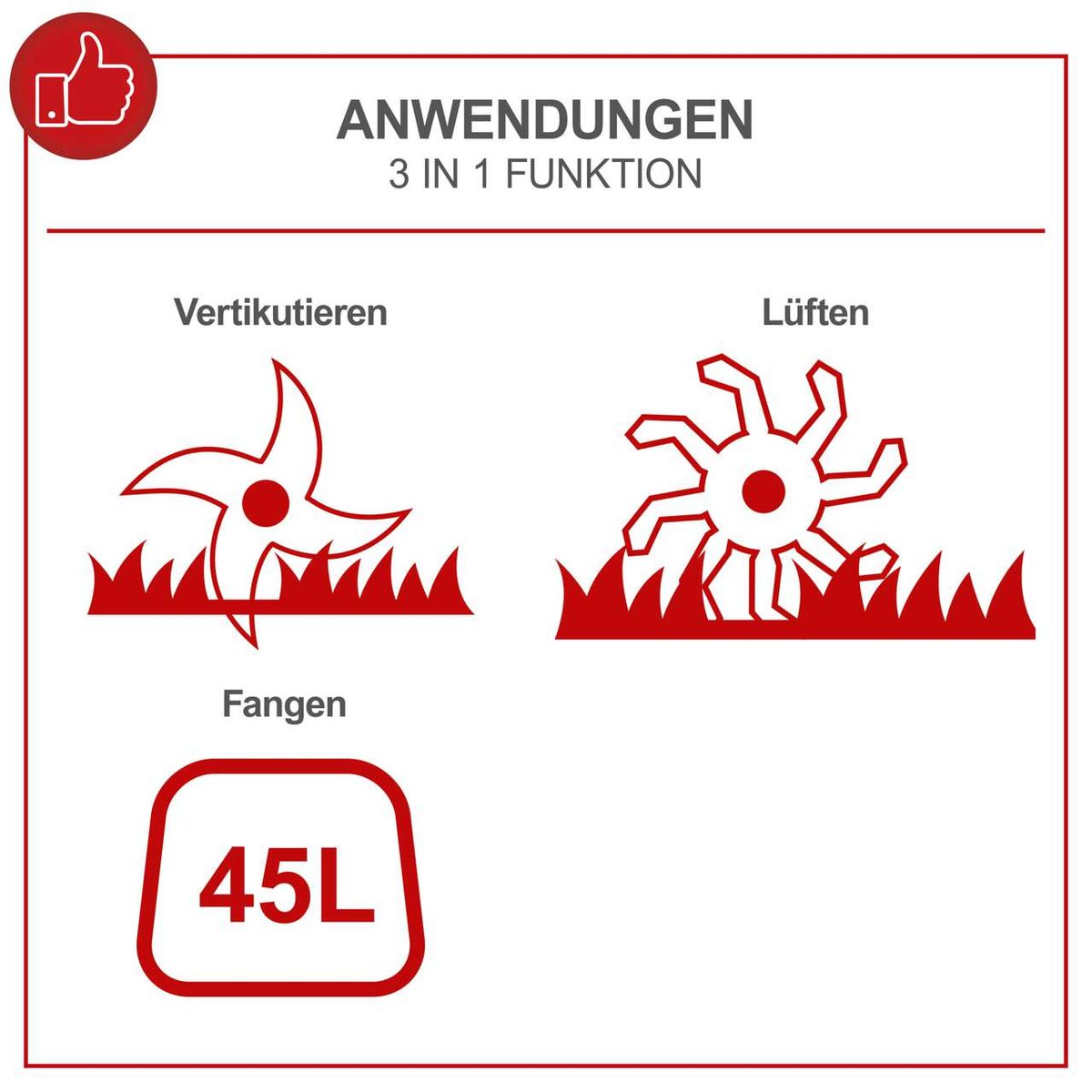 Der Elektro Vertikutierer SC38 von Scheppach bietet eine 3-in-1-Funktion: Vertikutieren, Lüften und einen Fangkorb mit 45 Litern Fassungsvermögen. Ideal für die Rasenpflege.