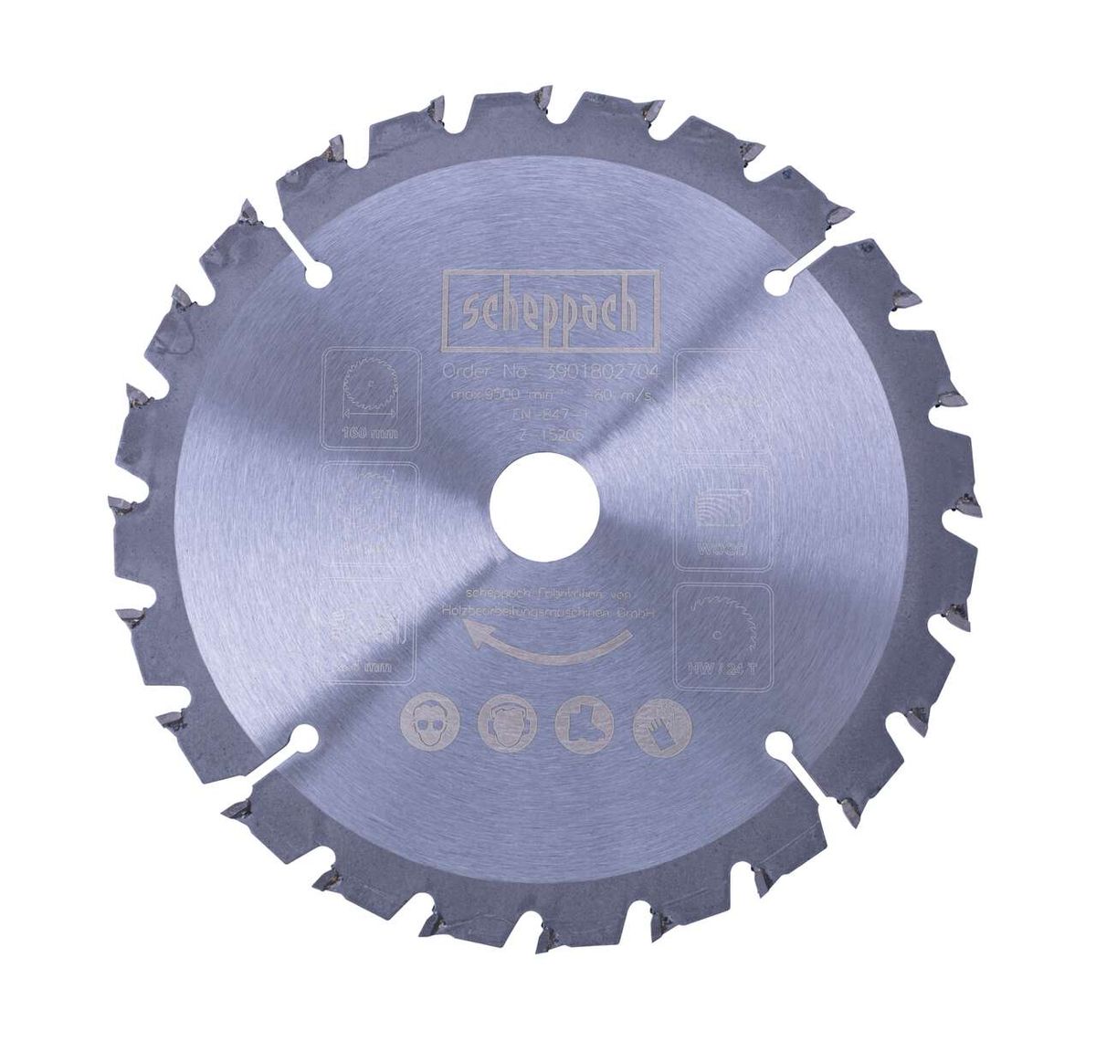 Scheppach HW Kreissägeblatt Ø 160 mm, Vorderansicht. Artikelnummer 3901802704.