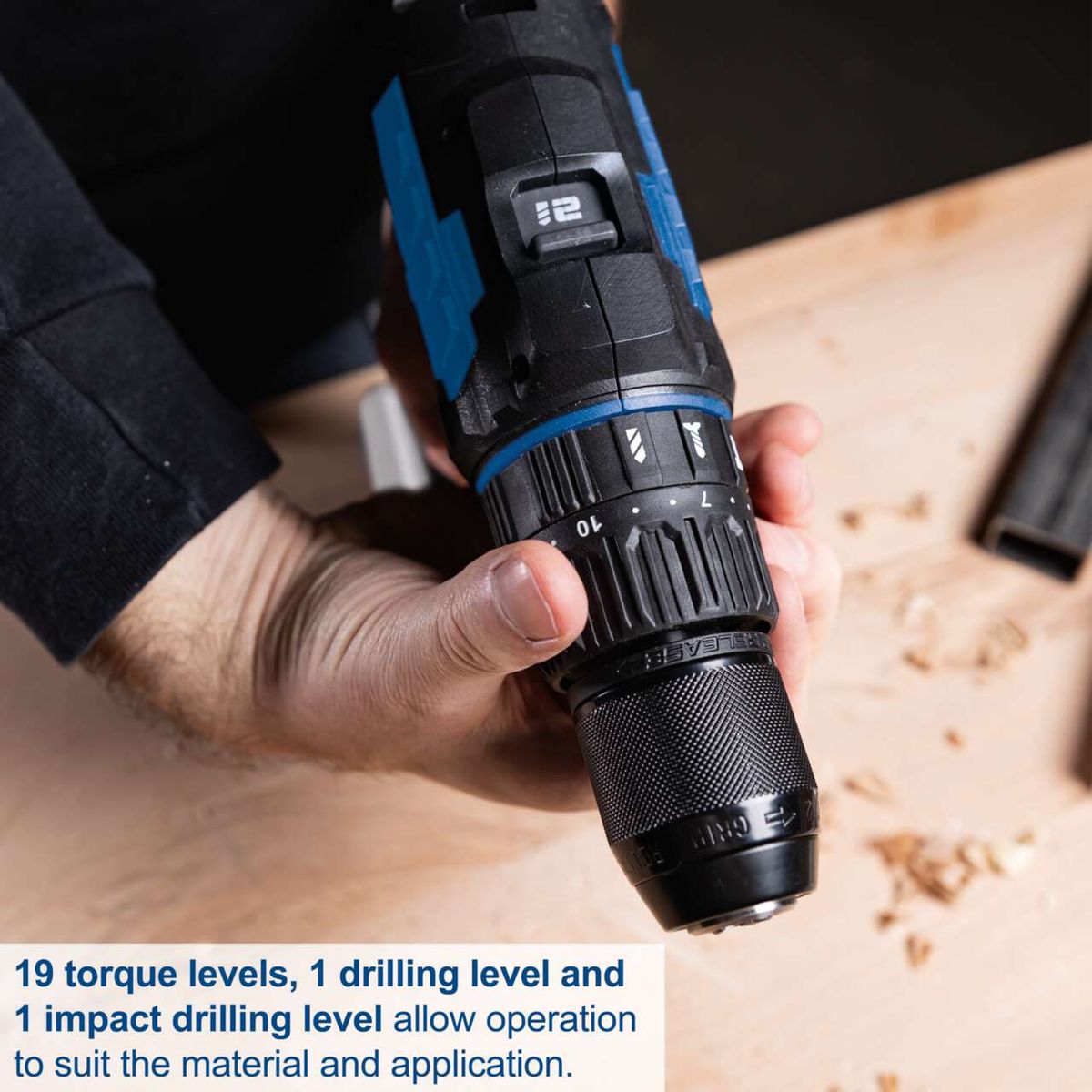 The Scheppach cordless impact drill C-CD45-X features 19 torque levels, 1 drilling level, and 1 impact drilling level for versatile operation. Suitable for various materials and applications.