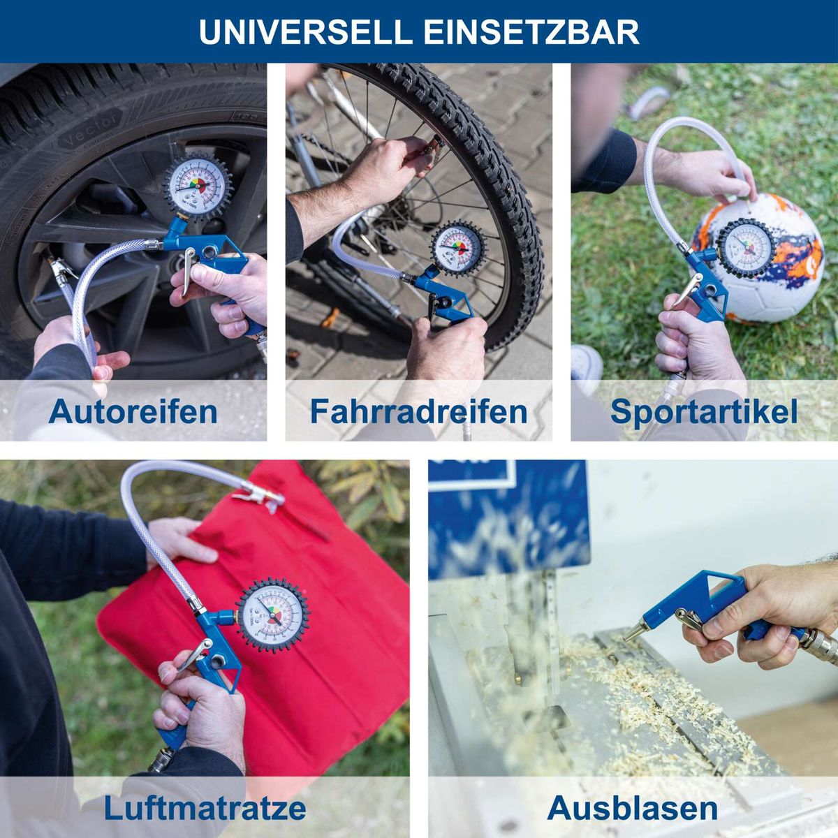 Mehrfachanwendungsgerät für Reifenaufpumpen mit verschiedenen Adapter für verschiedene Reifenarten