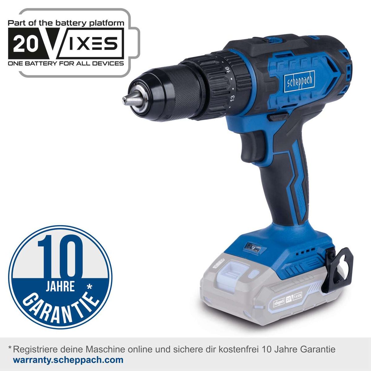 Akku-Schlagbohrmaschine C-CD45-X von Scheppach. Teil der 20VIXES Batterieplattform. Eine Batterie für alle Geräte. 10 Jahre Garantie bei Online-Registrierung auf warranty.scheppach.com.