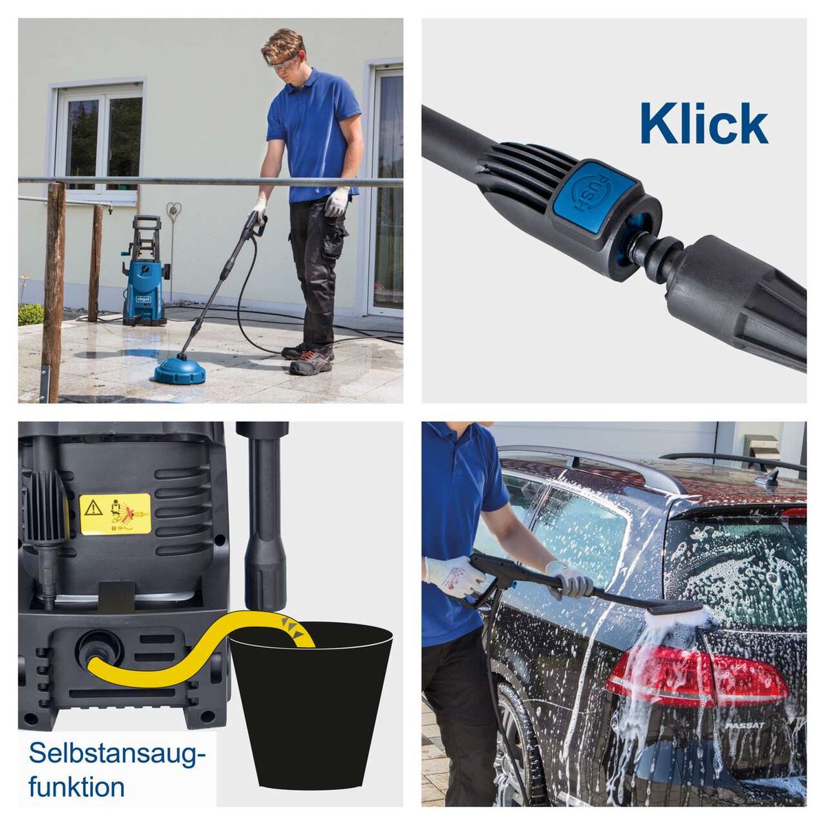 Elektro-Hochdruckreiniger mit Selbstansaugfunktion und Klick-Mechanismus für präzise Reinigungseinstellungen