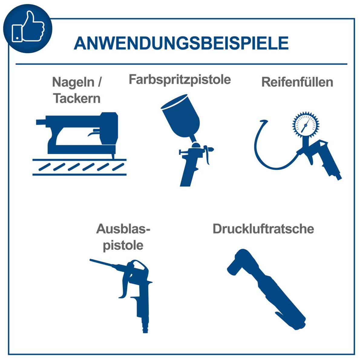 Das Bild zeigt Anwendungsbeispiele für den Kompressor HC25V von Scheppach. Dargestellt sind Nageln/Tackern, eine Farbspritzpistole, Reifenfüllen, eine Ausblaspistole und eine Druckluftratsche.