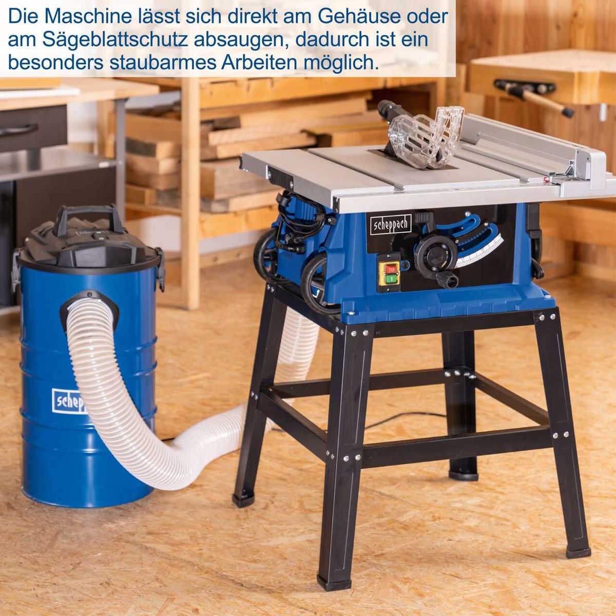 Scheppach Tischkreissäge mit direktem Staubsaugeranschluss am Gehäuse für staubarmes Arbeiten, inkl. Untergestell und Verbreiterungen