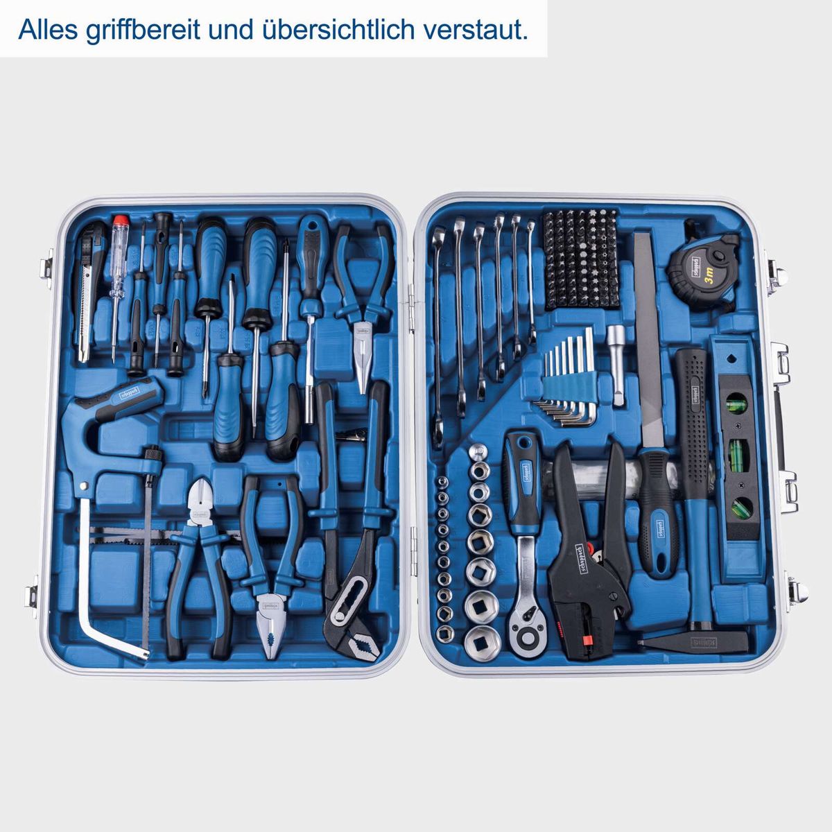 Der Werkzeugkoffer TB173 von Scheppach ist mit einer Abisolierzange bestückt und bietet eine übersichtliche und griffbereite Aufbewahrung aller Werkzeuge. Alles griffbereit und übersichtlich verstaut.