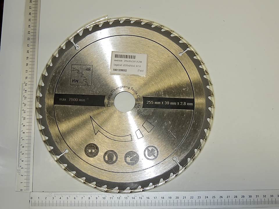 Scheppach-Kreissägeblatt mit 255 mm Durchmesser, 48 Zähne, Markierung für max. 7000 U/min