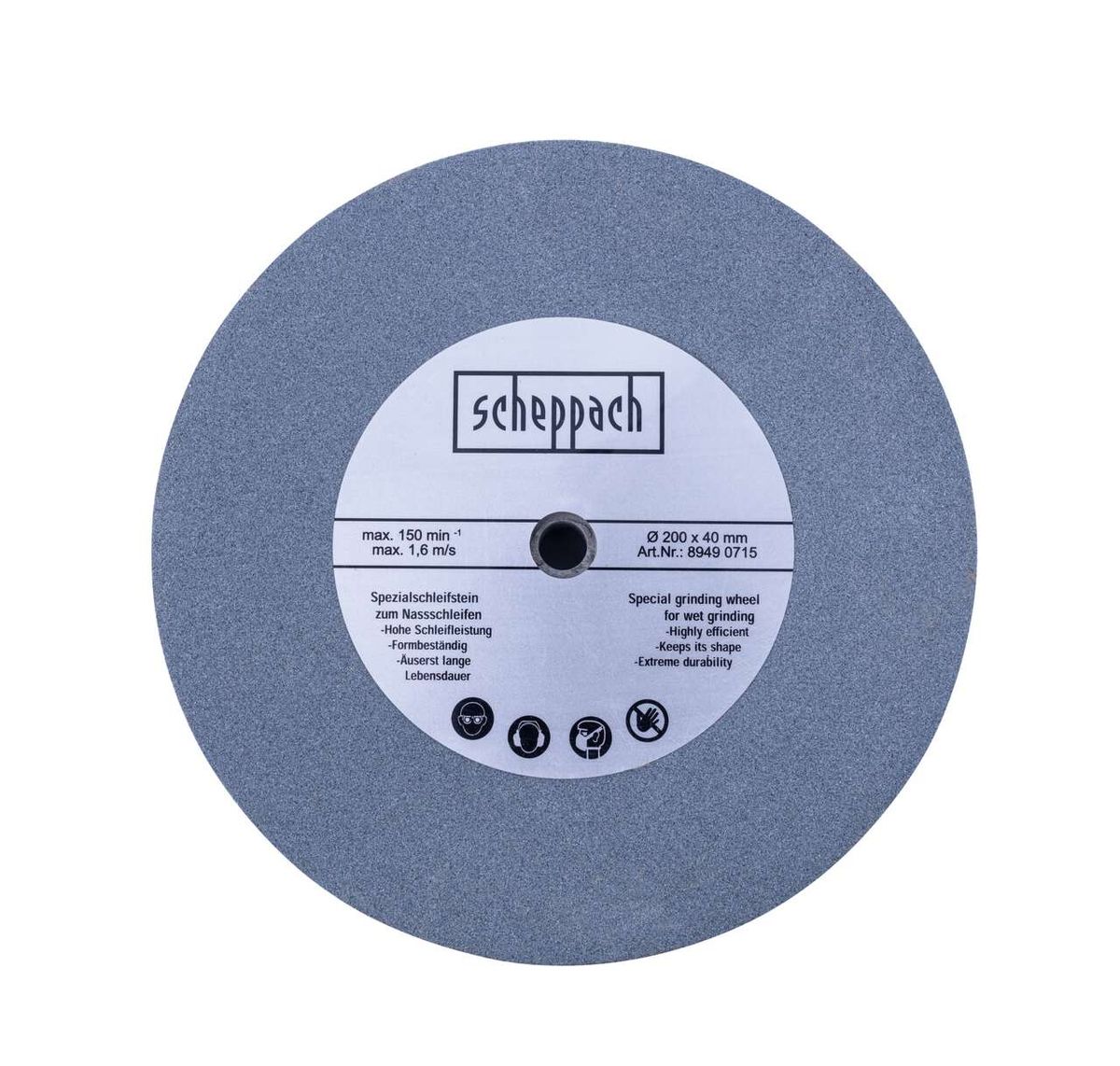 Scheppach Schleifscheibe mit Etikett, von vorne gezeigt. Produktname: Edelkorund-Schleifstein Ø 200 x 40 x 12 mm K 220.