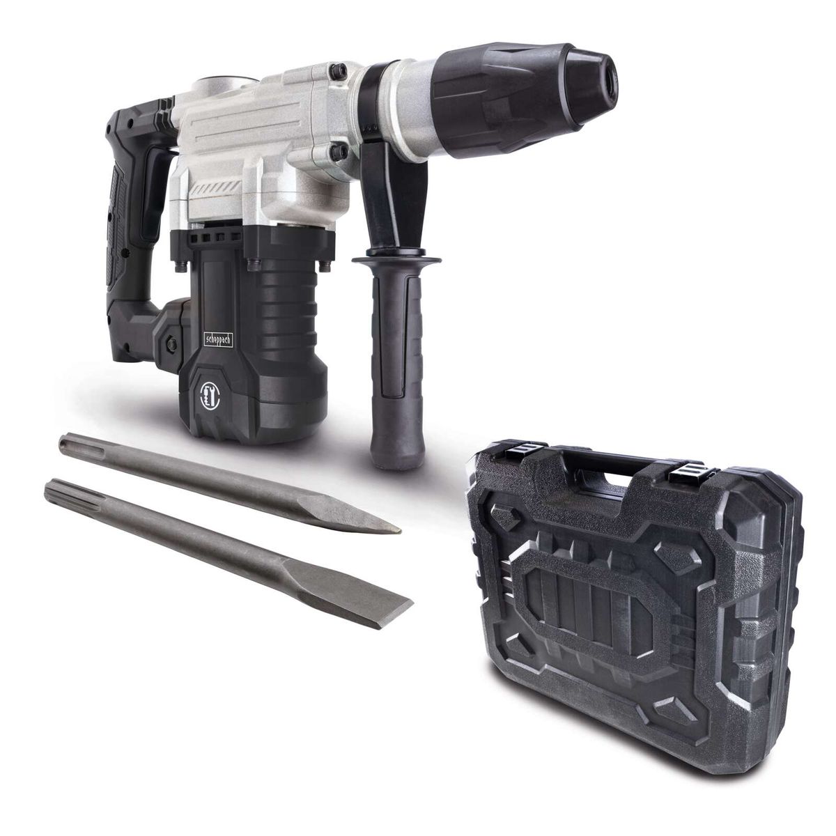 Scheppach Bohrhammer mit robustem Design, inklusive Zusatzhandgriff und zwei Meißeln. Geeignet für schwere Arbeiten. Artikelnummer: 785973.