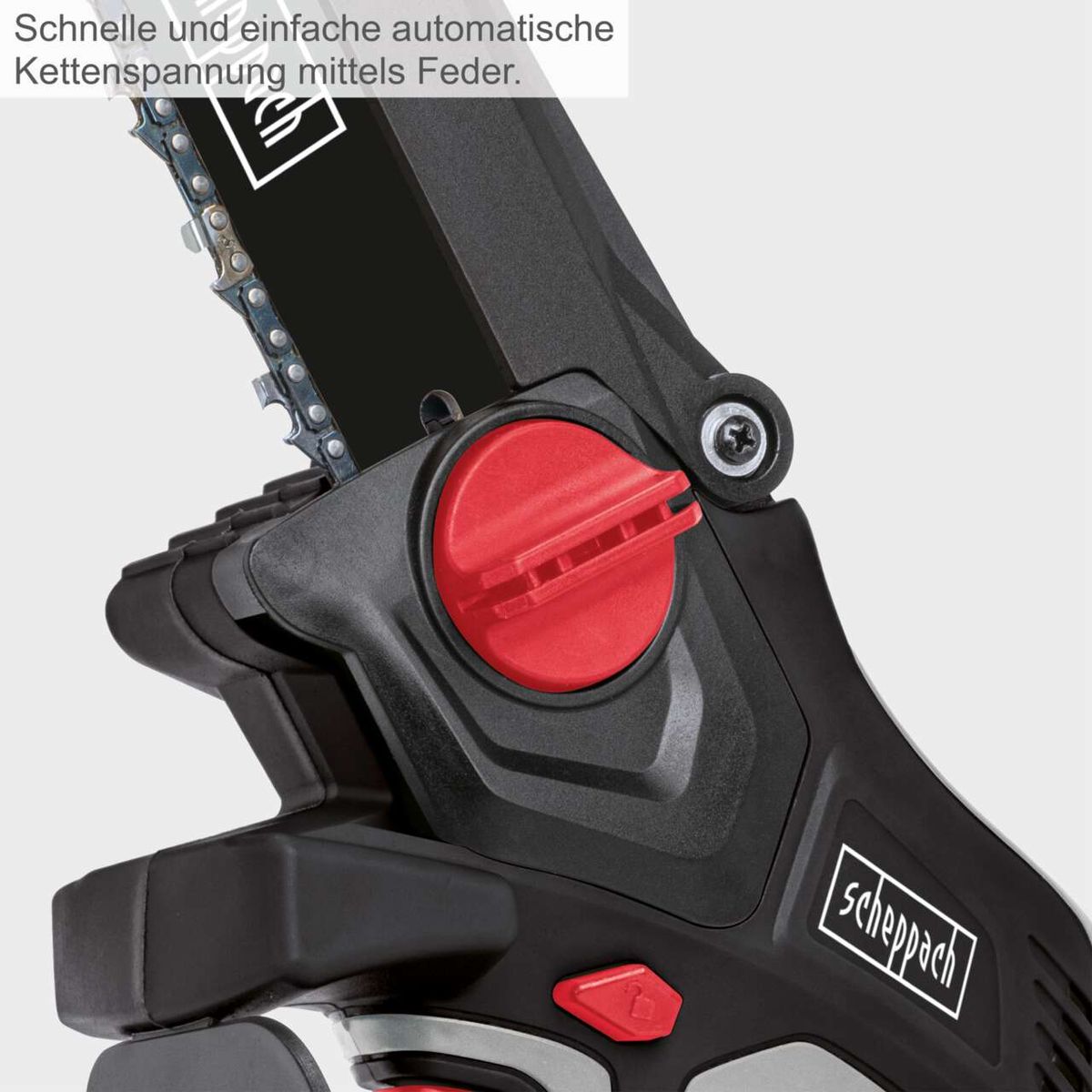 Der Akku-Gehölzschneider CBS260-20Li von Scheppach bietet schnelle und einfache automatische Kettenspannung mittels Feder. Diese Funktion sorgt für eine einfache Handhabung und Wartung des Geräts.