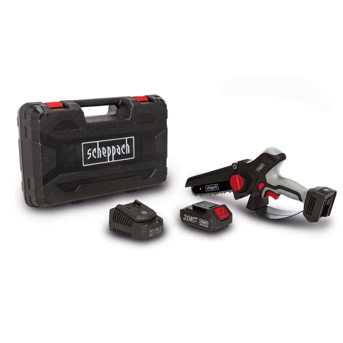 The cordless pruning saw CBS260-20Li by Scheppach in a set with battery, charger, and case. The tool features a 20V battery and is part of the DIY series.