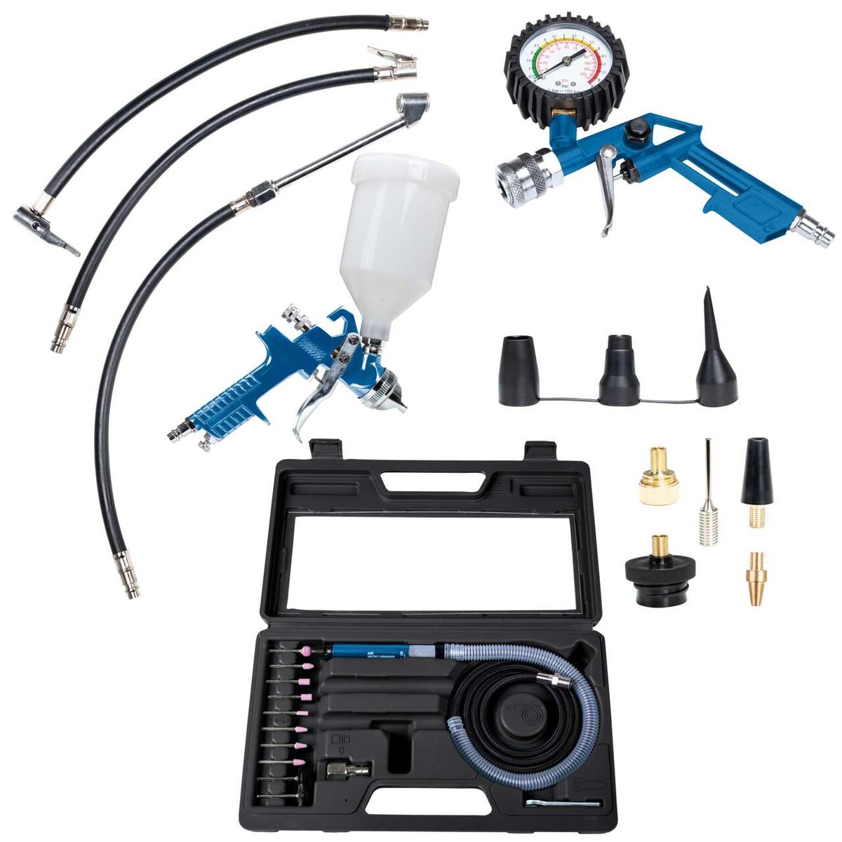 Zubehör-Set Ferrex Österreich mit verschiedenen Düsen, Schläuchen und einem Druckmesser. Die Teile sind in einem schwarzen Koffer mit Schaumstoffeinsätzen angeordnet.