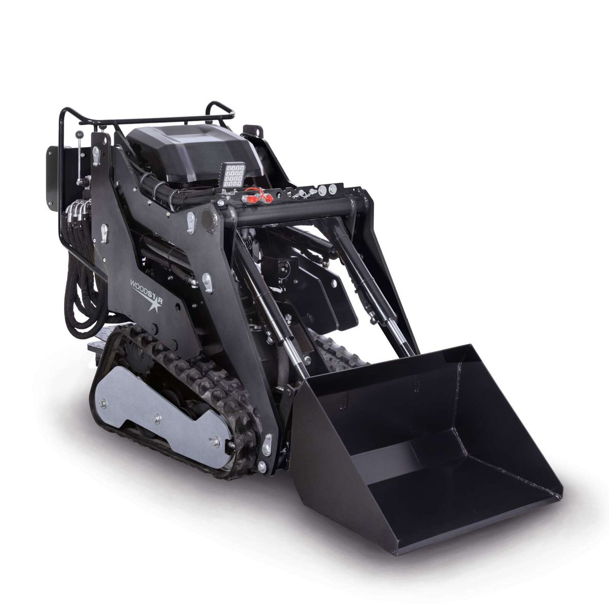 Kompaktlader MSK800 Woodster mit Schaufel und Anzeigeinstrumenten für Leistung und Geschwindigkeit