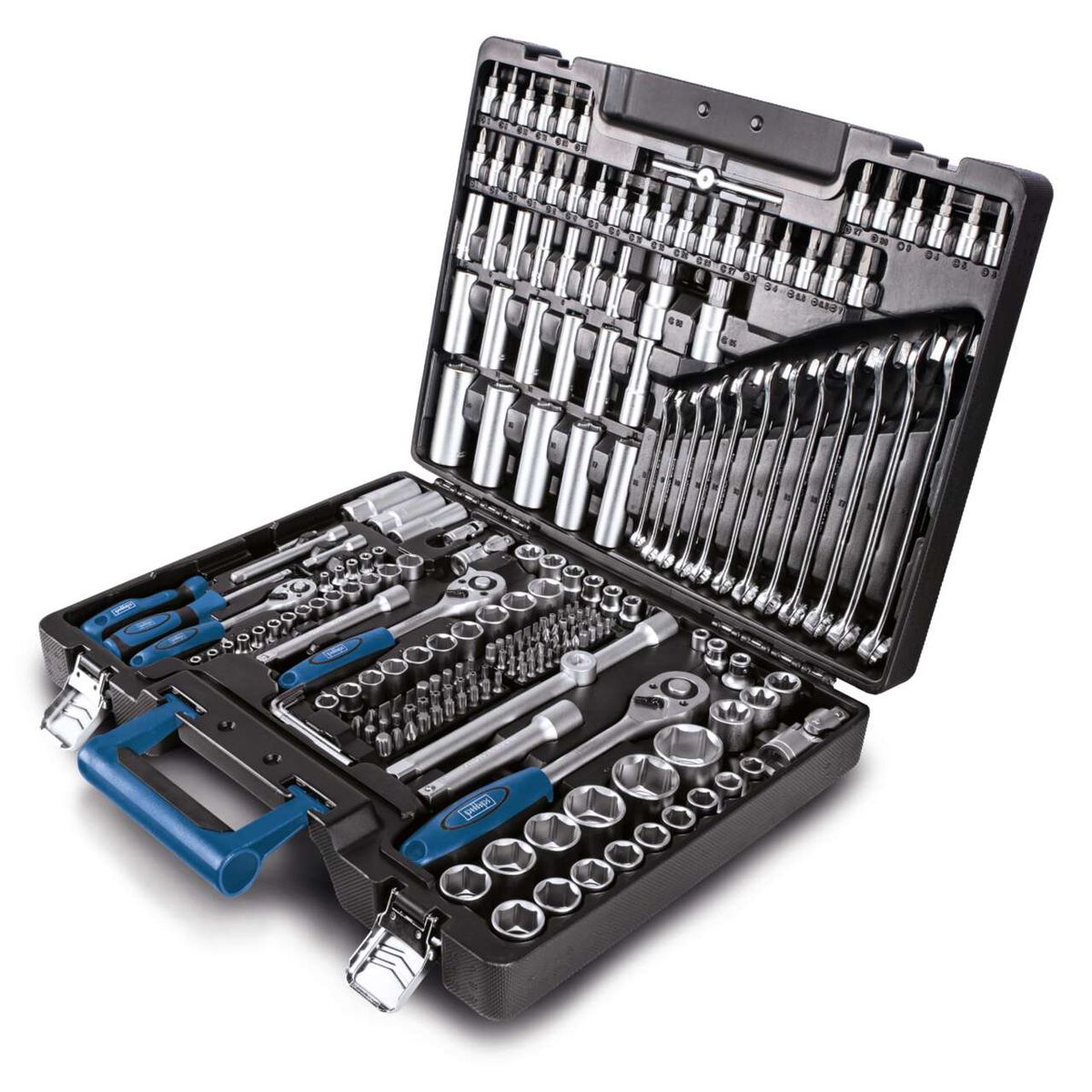 Der Werkzeugkoffer TB217 von Scheppach enthält 217 Teile, darunter Steckschlüssel, Nüsse und Stecknüsse. Ideal für Heimwerker und Profis. Enthält verschiedene Größen und Formen für vielfältige Anwendungen.