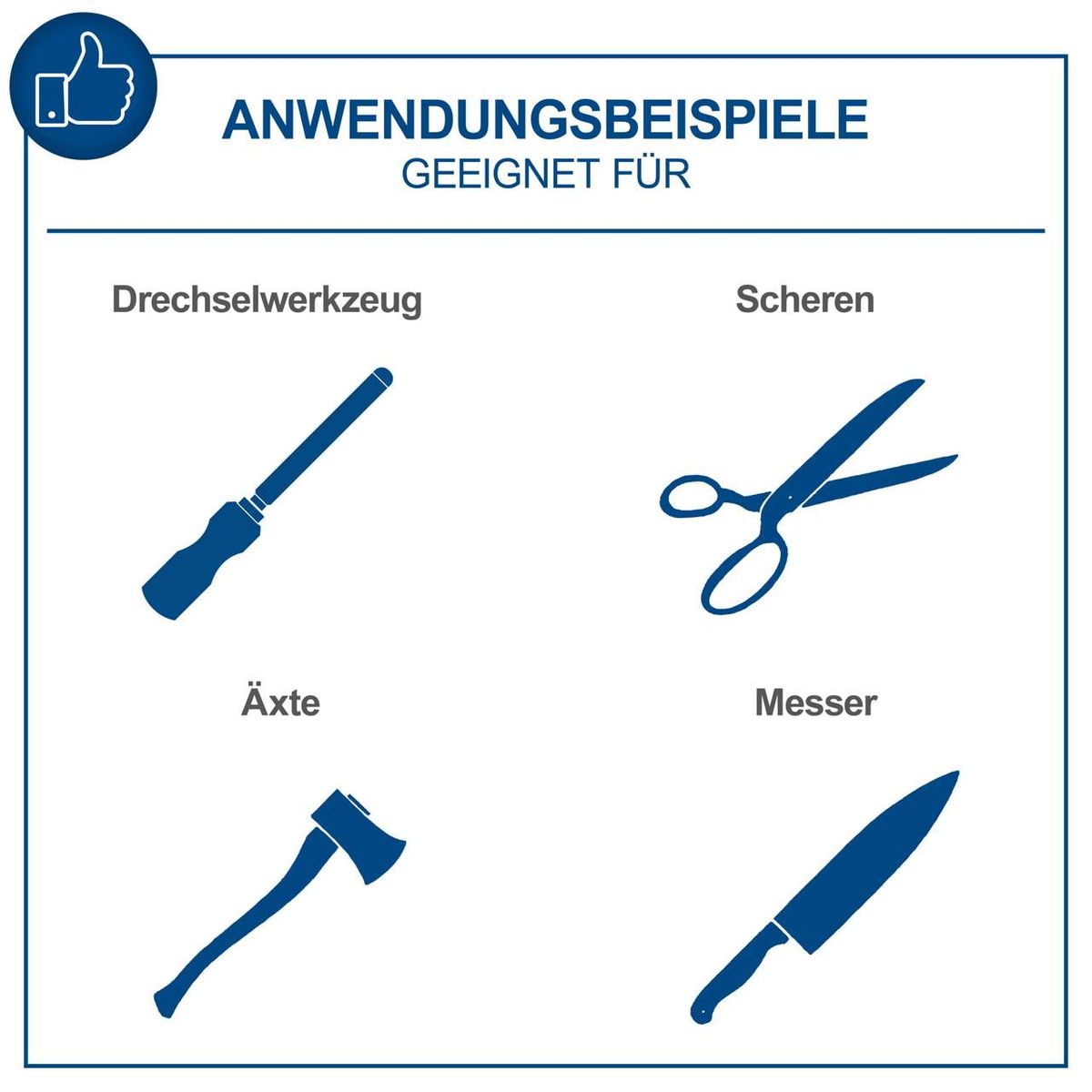 Illustration mit Anwendungsbeispielen für verschiedene Werkzeuge: Drehwerkzeug, Scheren, Äxte, Messer